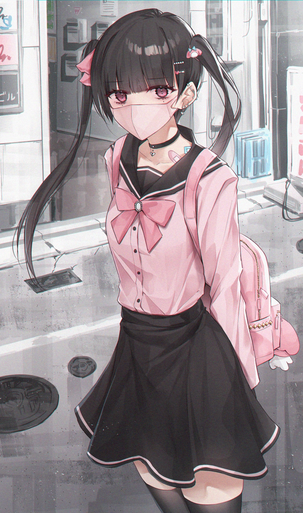 Girl in sailor uniform with pink backpack and face mask HD Phone Wallpaper