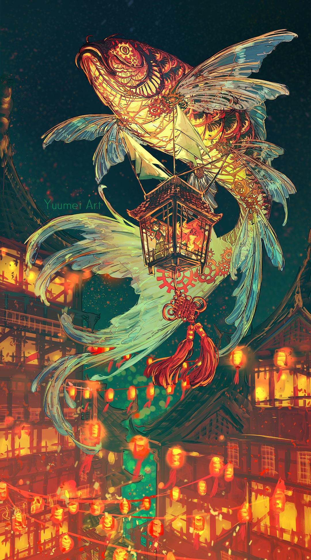 Steampunk Koi Fish Lanterns in a Chinese Village HD Phone Wallpaper