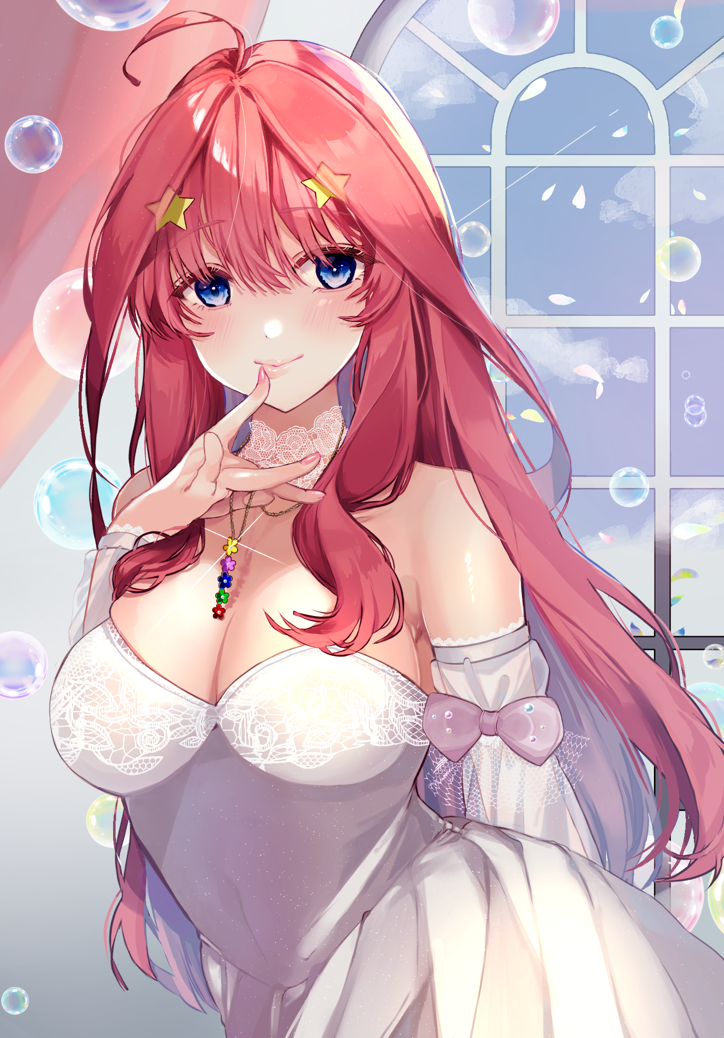 Nakano Itsuki in a White Dress with Bubbles HD Phone Wallpaper