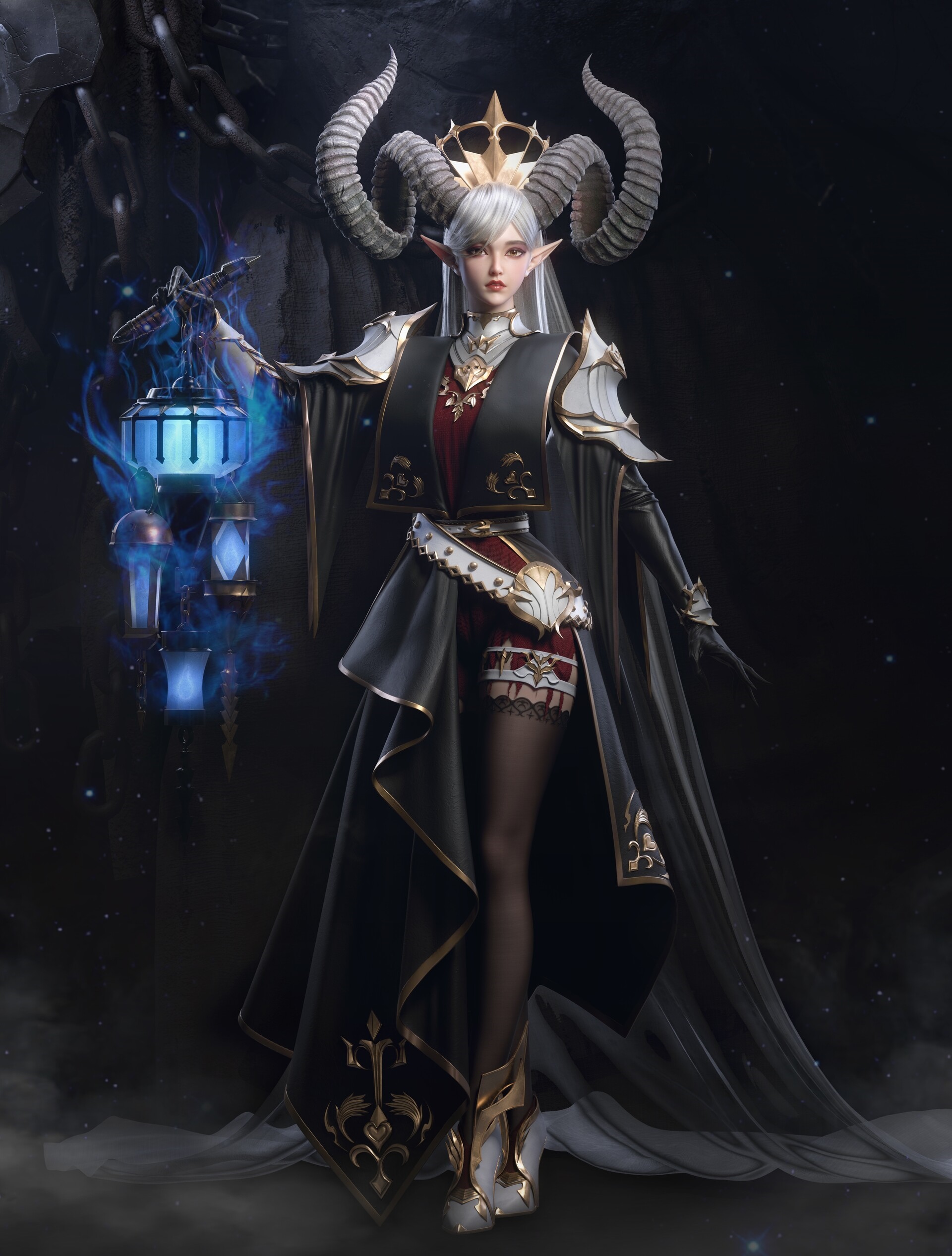 Fantasy art of a woman with horns holding a lantern HD Phone Wallpaper