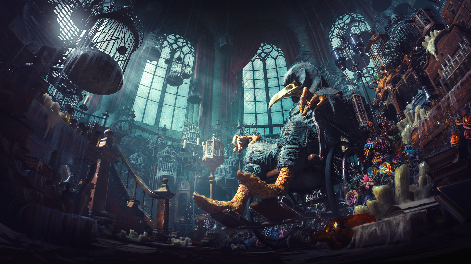 Plague doctor in a wheelchair surrounded by cages HD Wallpaper