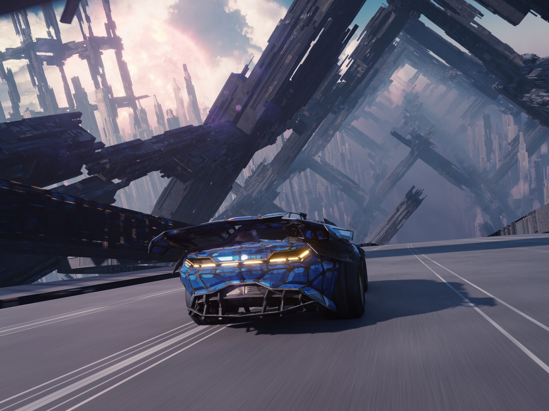 Futuristic blue car driving through a sci-fi city HD Wallpaper