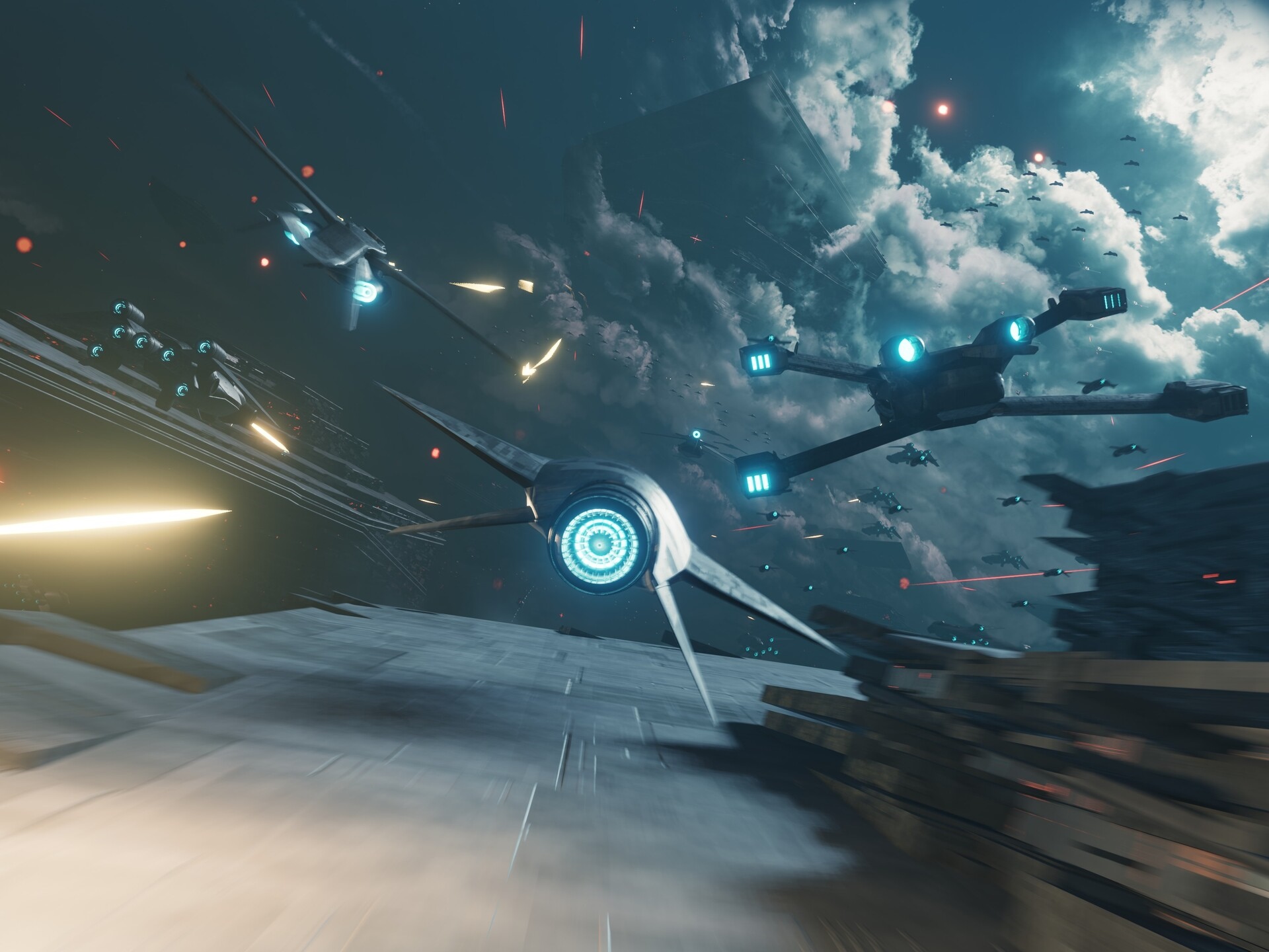 Futuristic space battle with starfighters and explosions HD Wallpaper