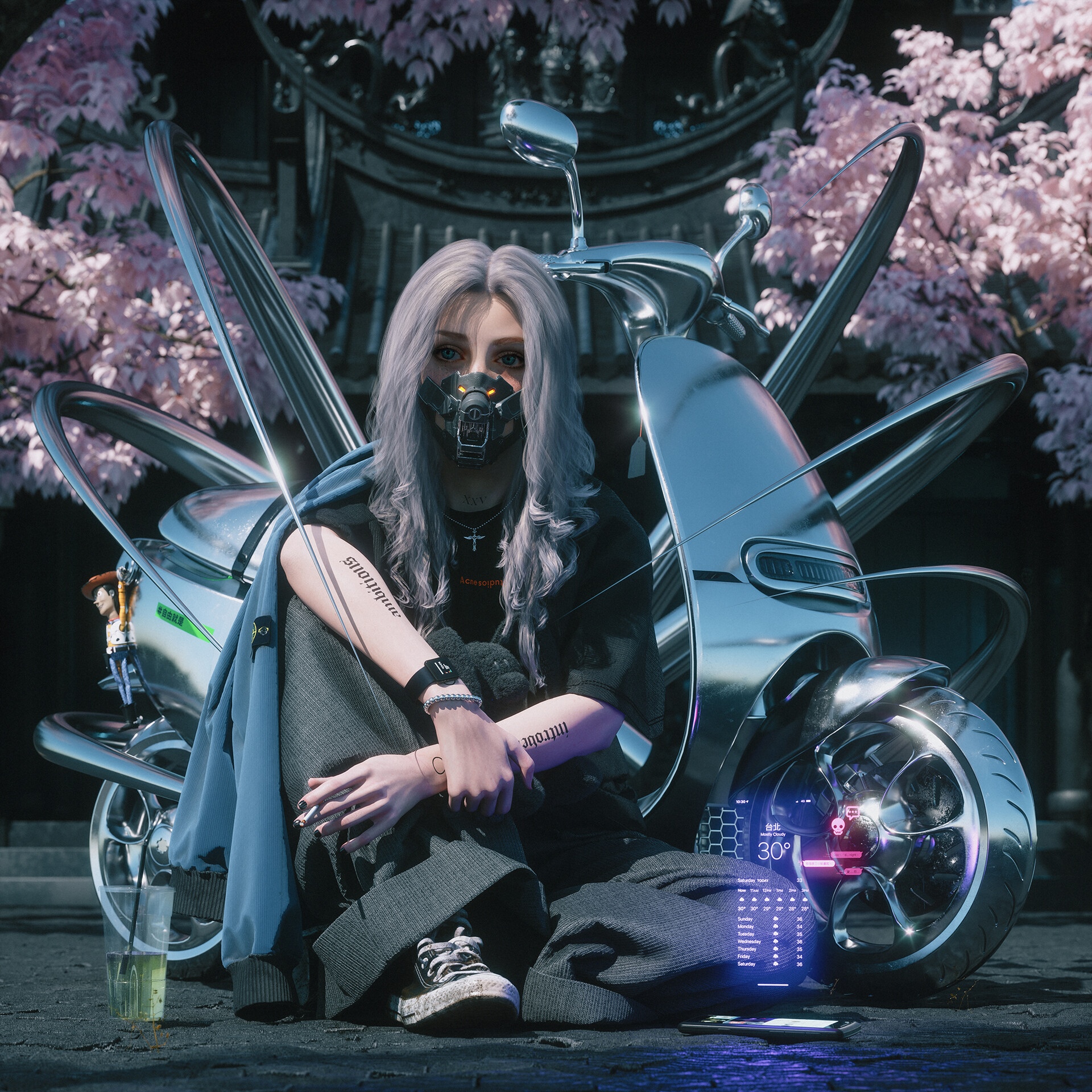 Woman with gray hair and mask sitting by a futuristic motorcycle HD Wallpaper