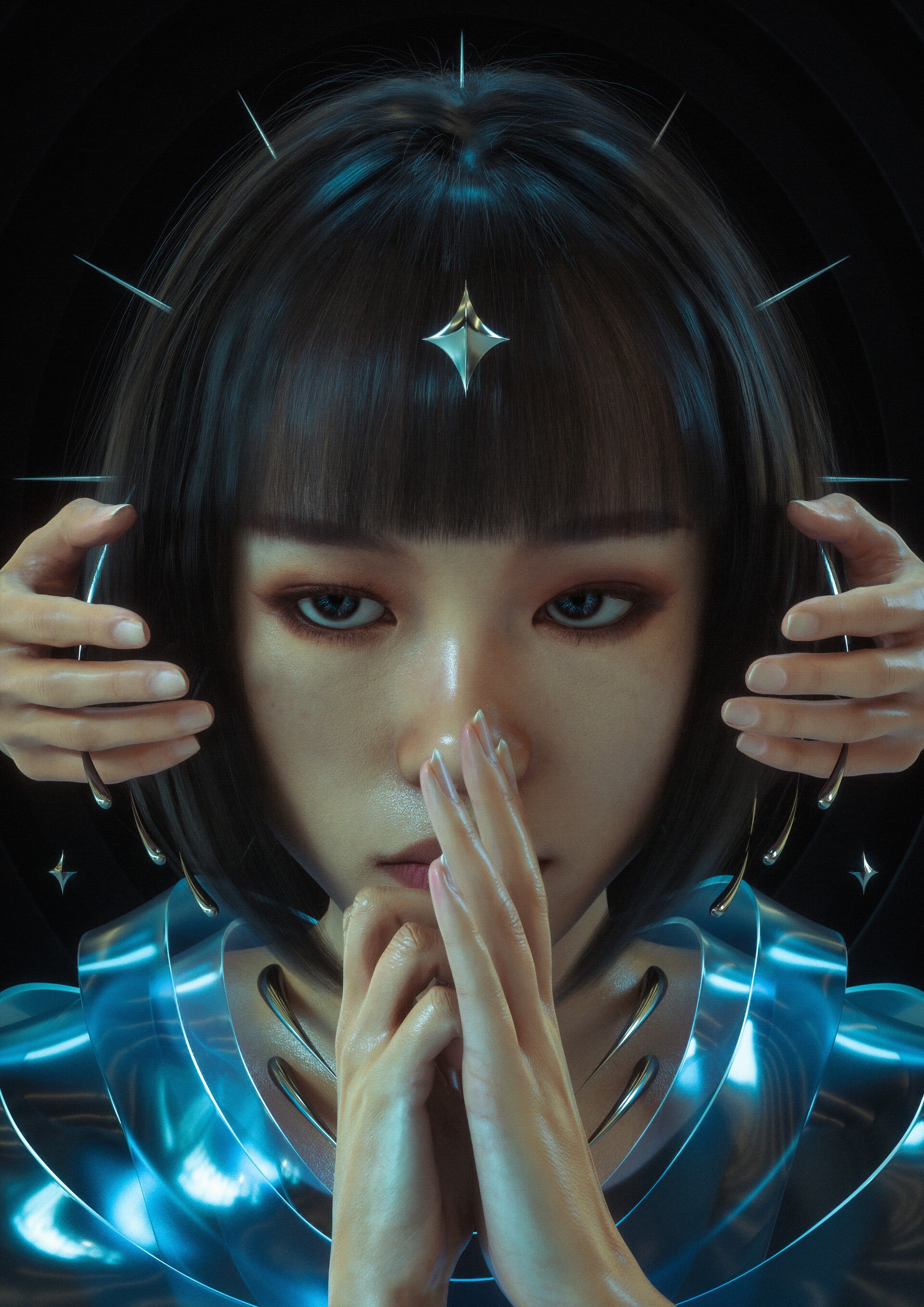 Asian woman with futuristic armor and spiky headpiece HD Phone Wallpaper