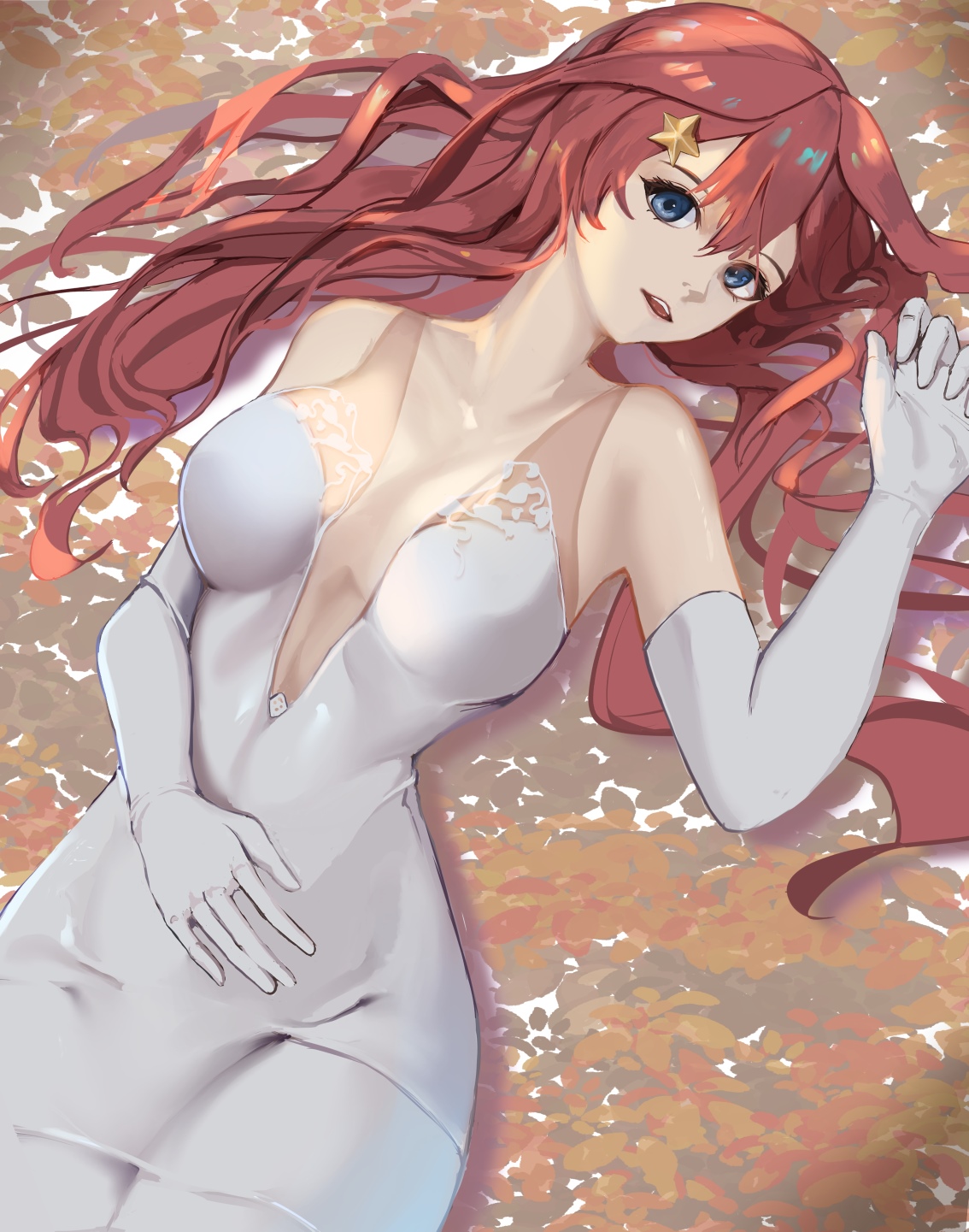 Nakano Itsuki in a white dress with red hair HD Phone Wallpaper