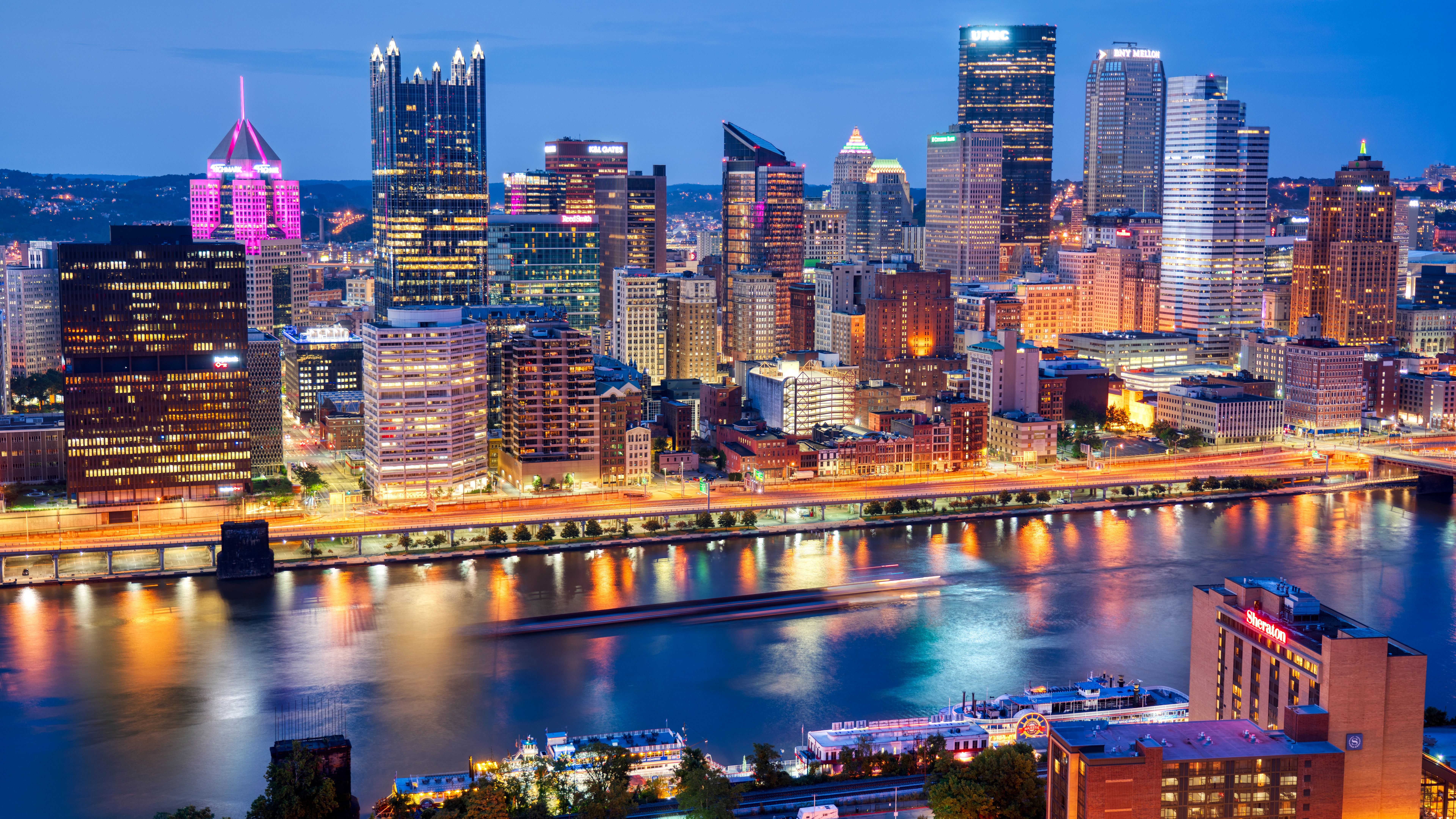Pittsburgh Skyline and River at Dusk HD Wallpaper