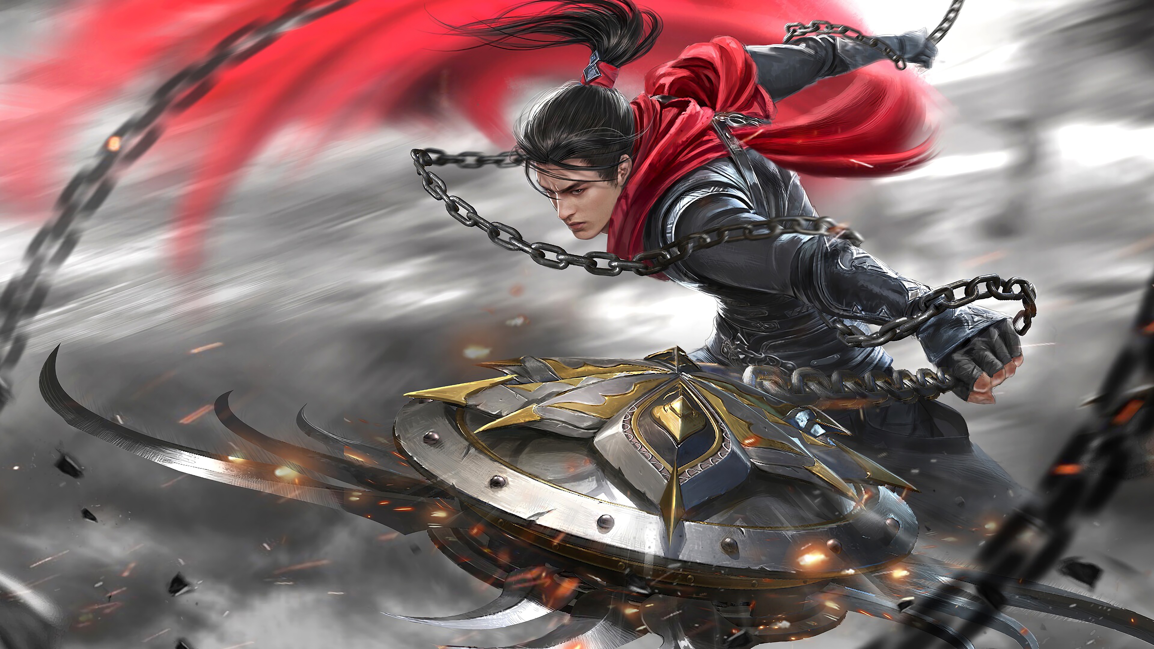 4K fantasy warrior with chains and blades HD Wallpaper