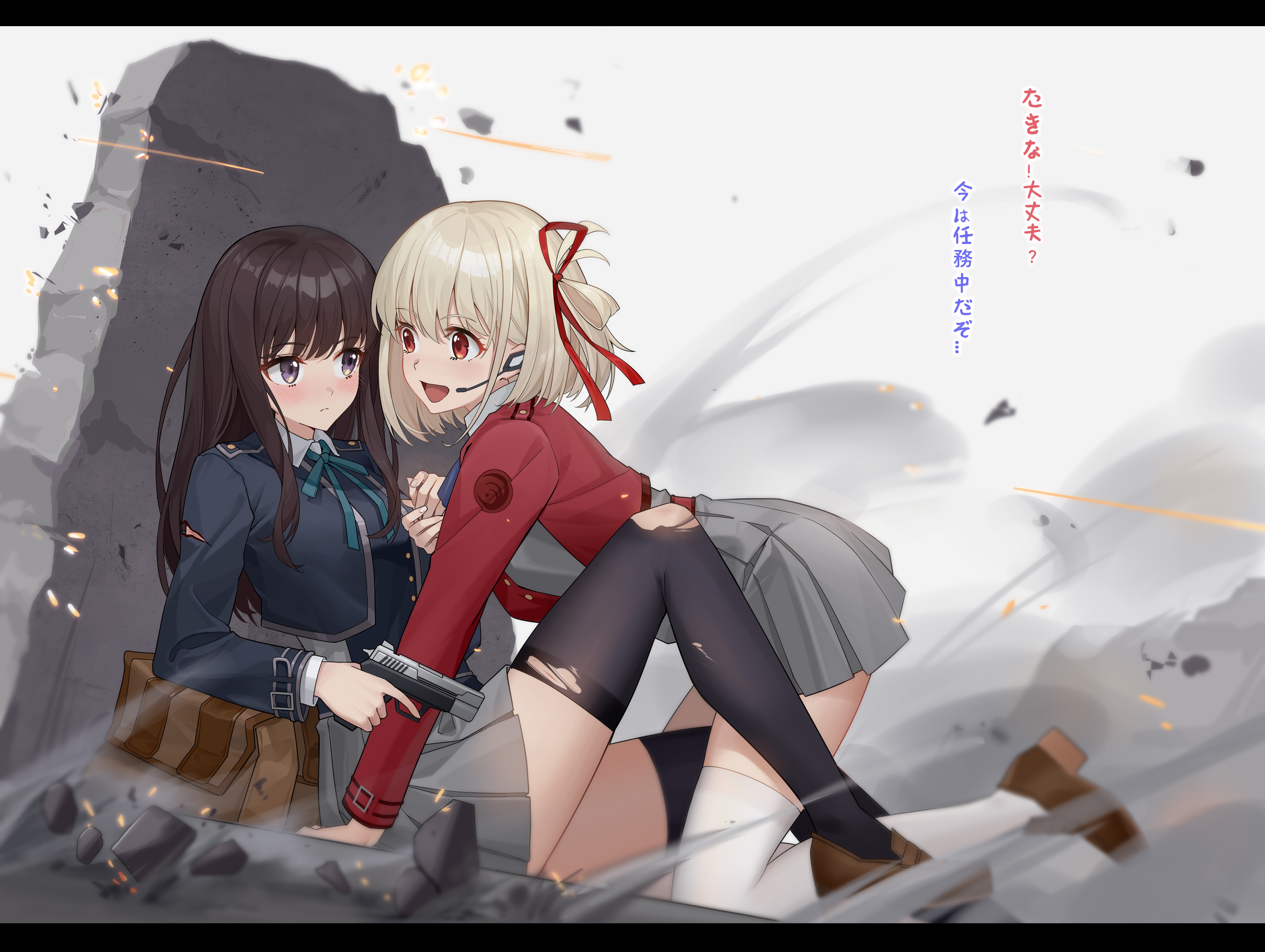 Lycoris Recoil: Nishikigi Chisato and Inoue Takina with guns HD Wallpaper