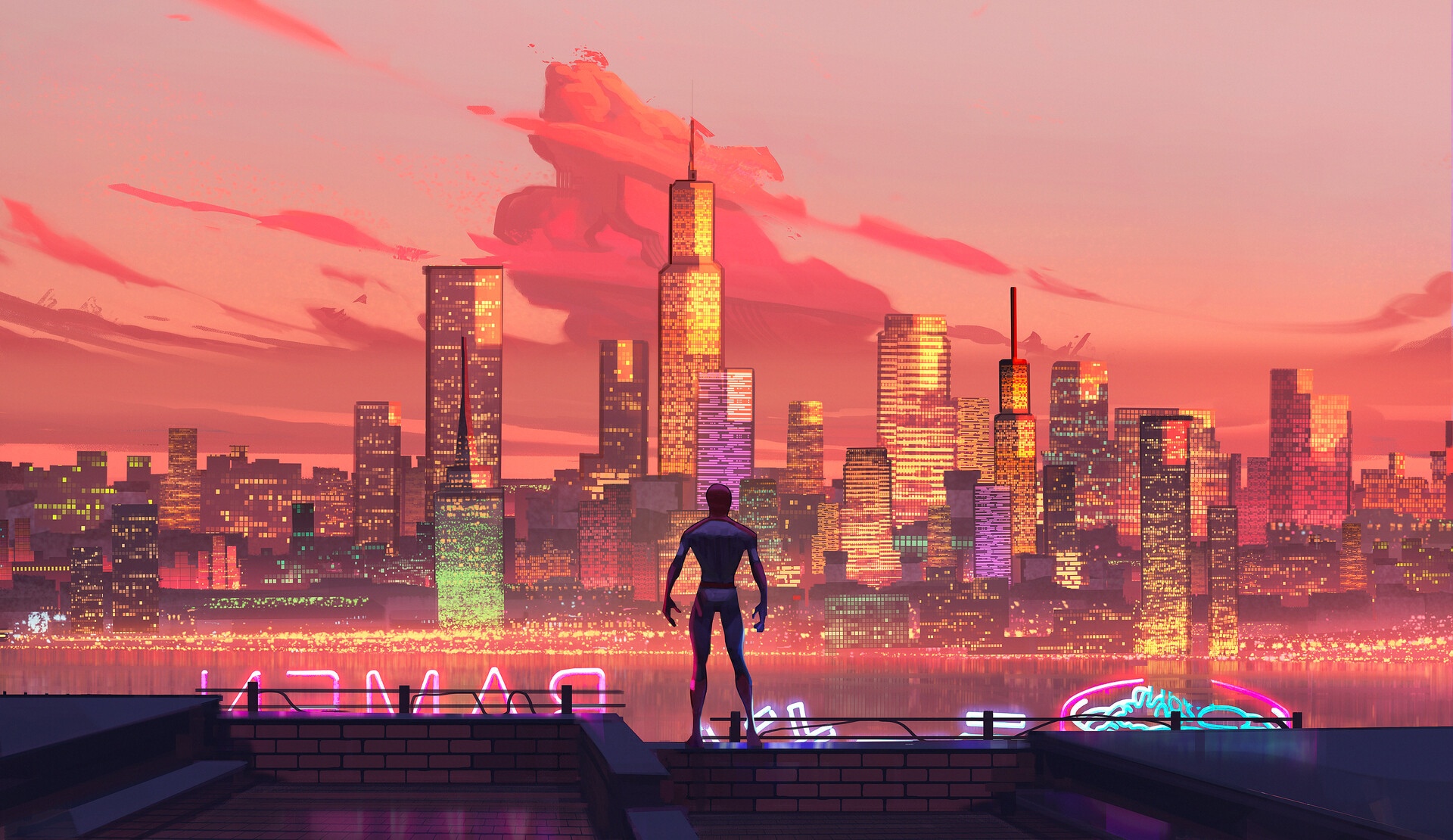 Spider-Man standing on a rooftop overlooking a cityscape at sunset HD Wallpaper