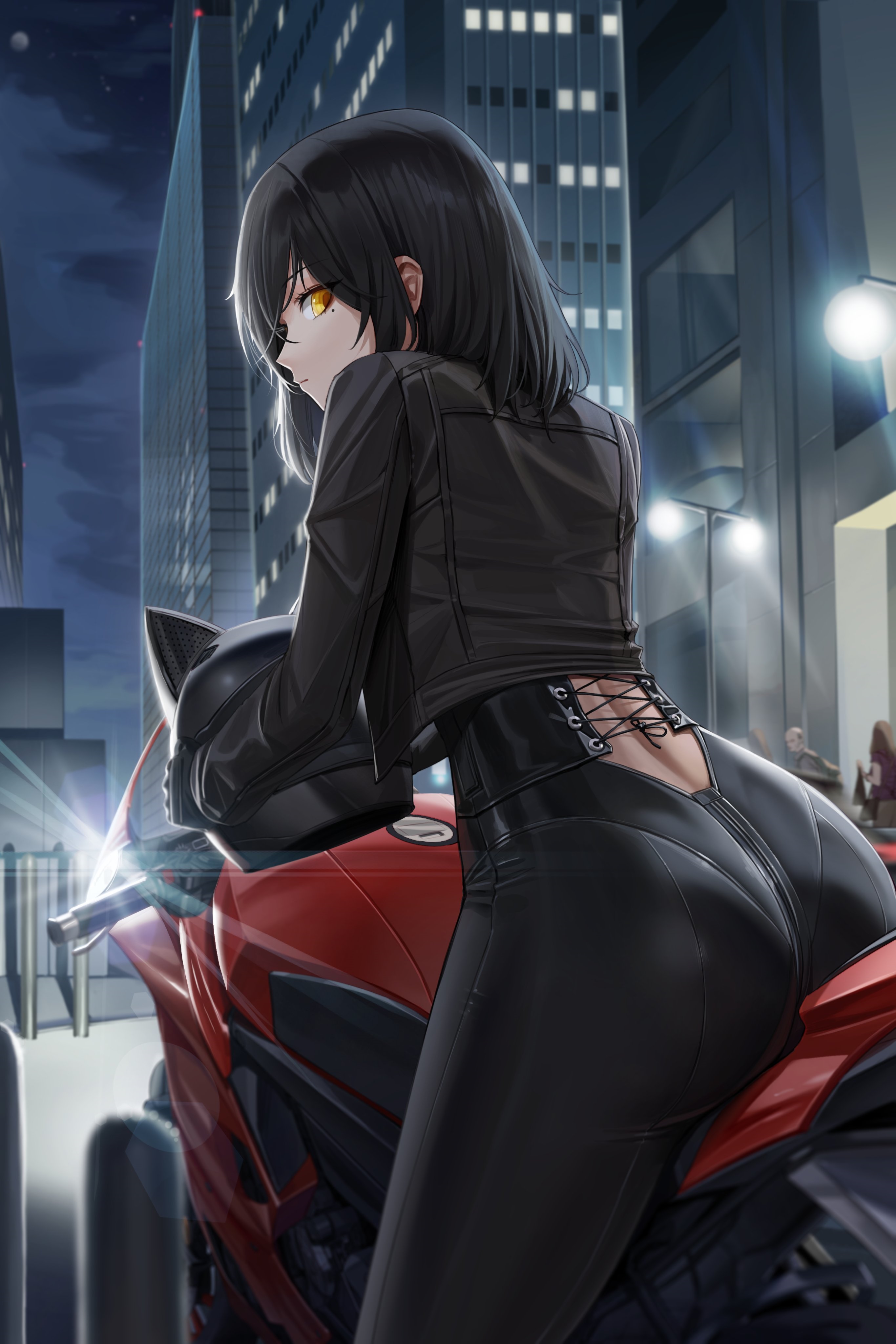 Woman in black leather outfit on a motorcycle HD Phone Wallpaper