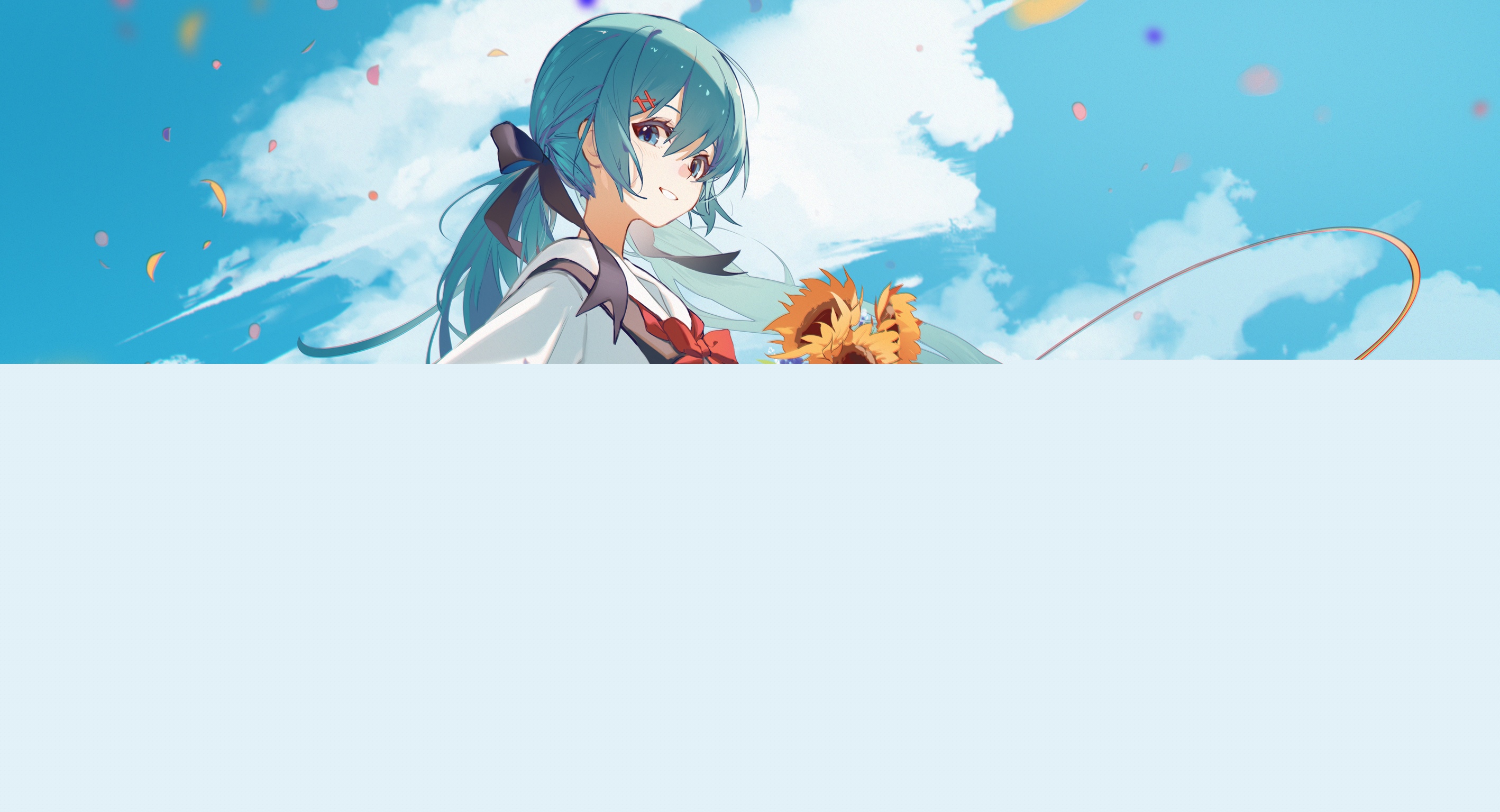 Anime girl with blue hair and sunflowers HD Wallpaper
