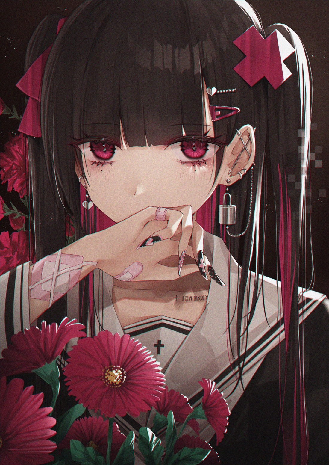 Girl with red eyes and dark hair holding flowers HD Phone Wallpaper
