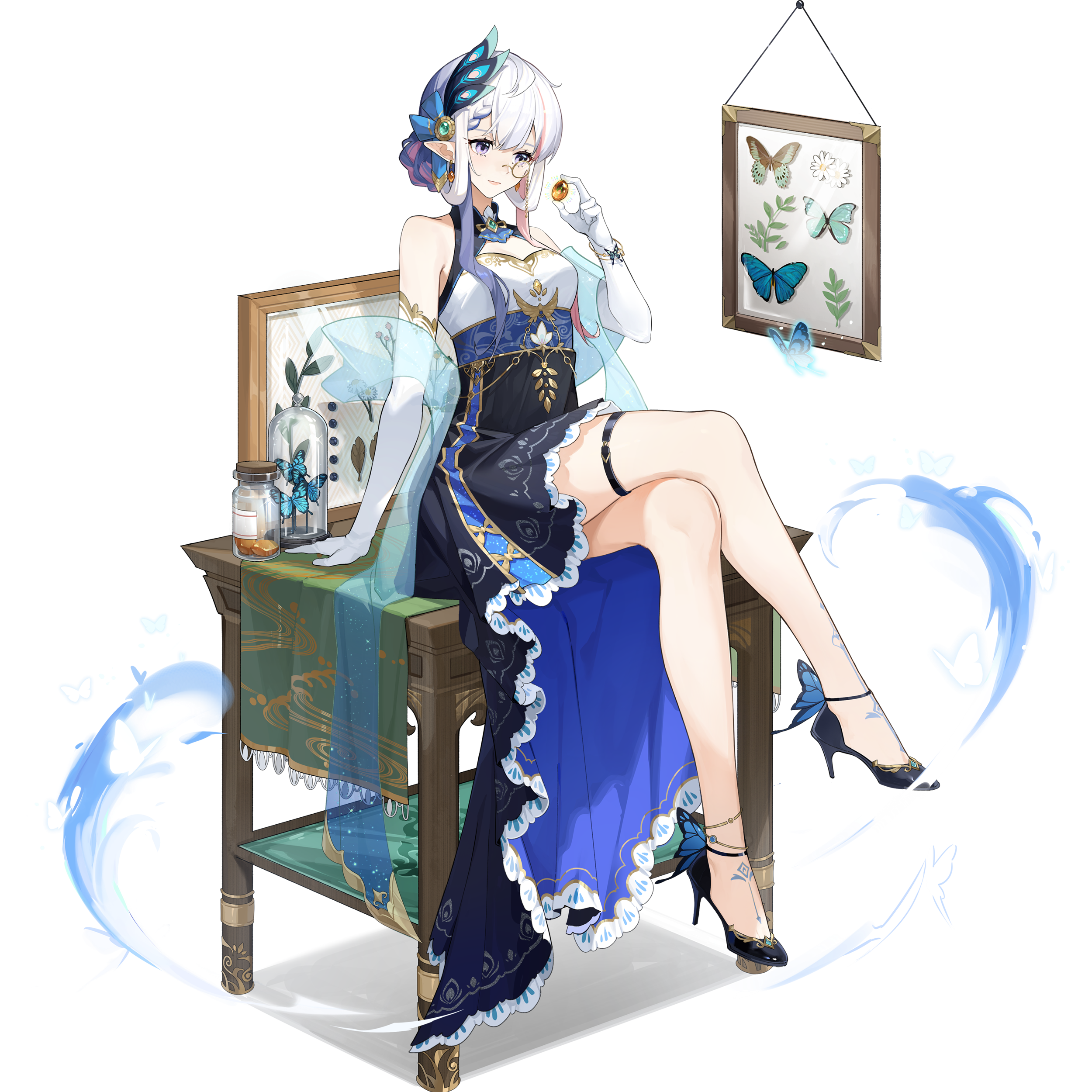 Anime girl with white hair and blue dress HD Wallpaper