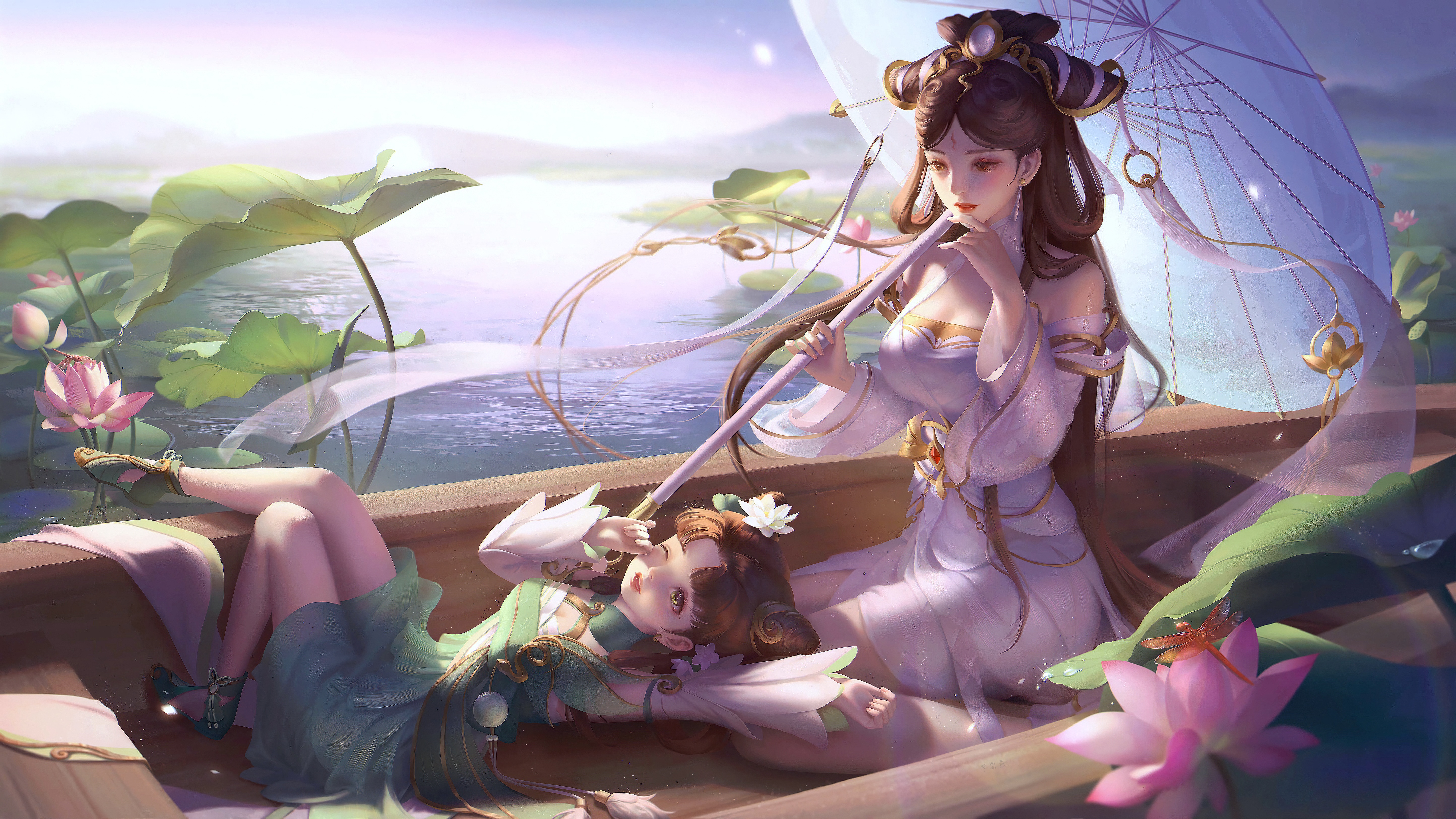 4K Honor of Kings women with umbrella in boat HD Wallpaper