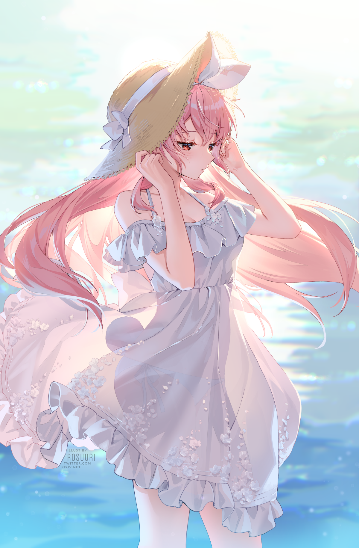 Girl with pink hair wearing a straw hat by the water HD Phone Wallpaper