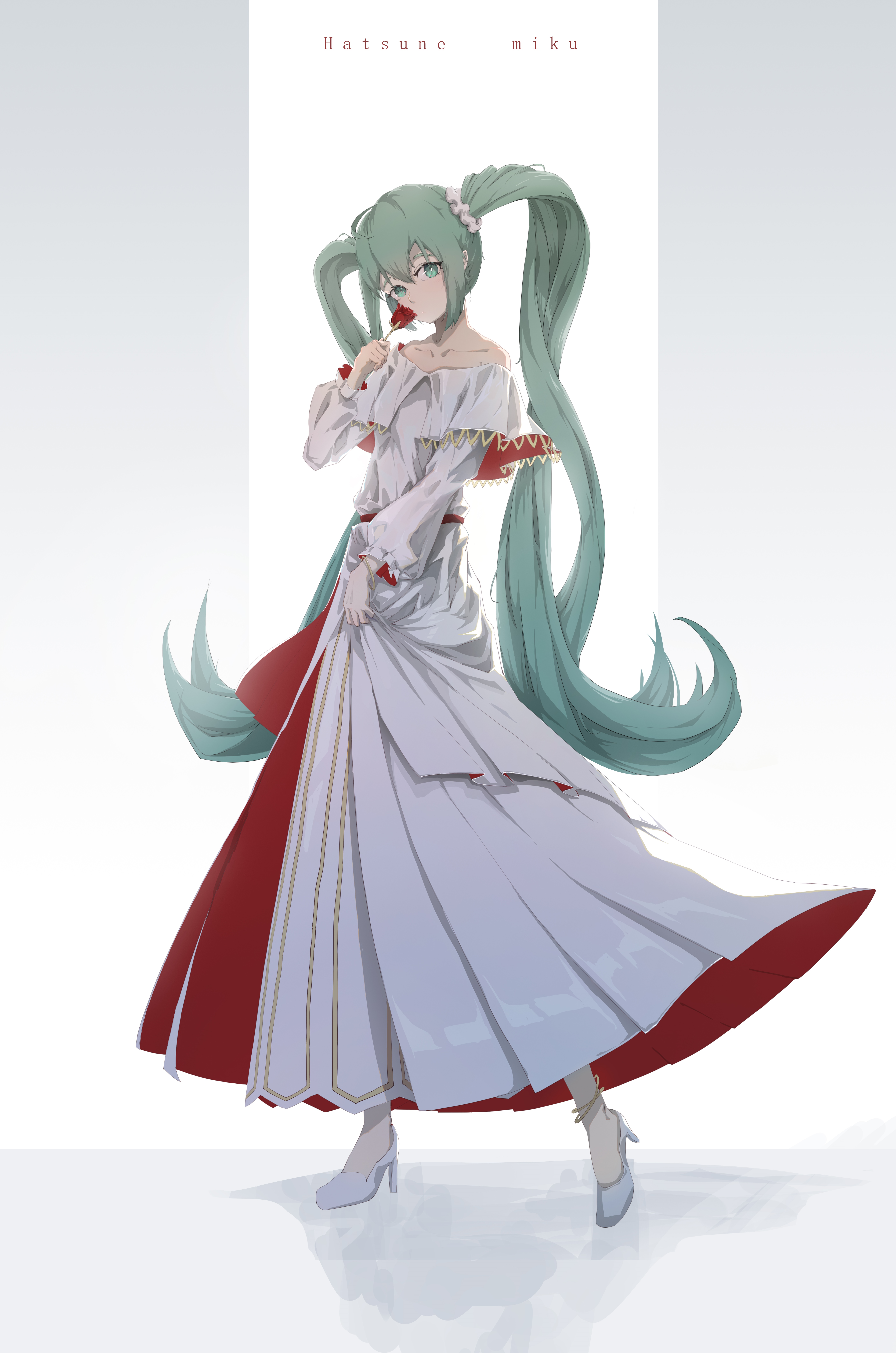 Hatsune Miku in a white and red dress holding a rose HD Phone Wallpaper