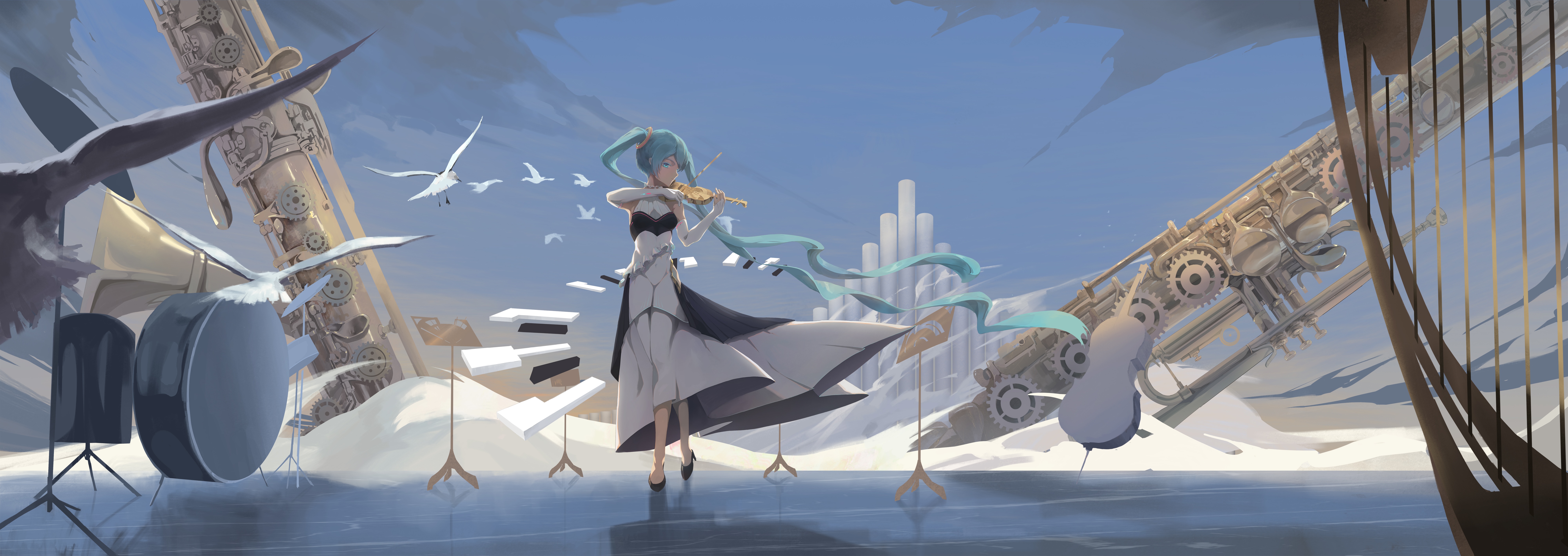4K Hatsune Miku plays violin with mechanical instruments HD Wallpaper