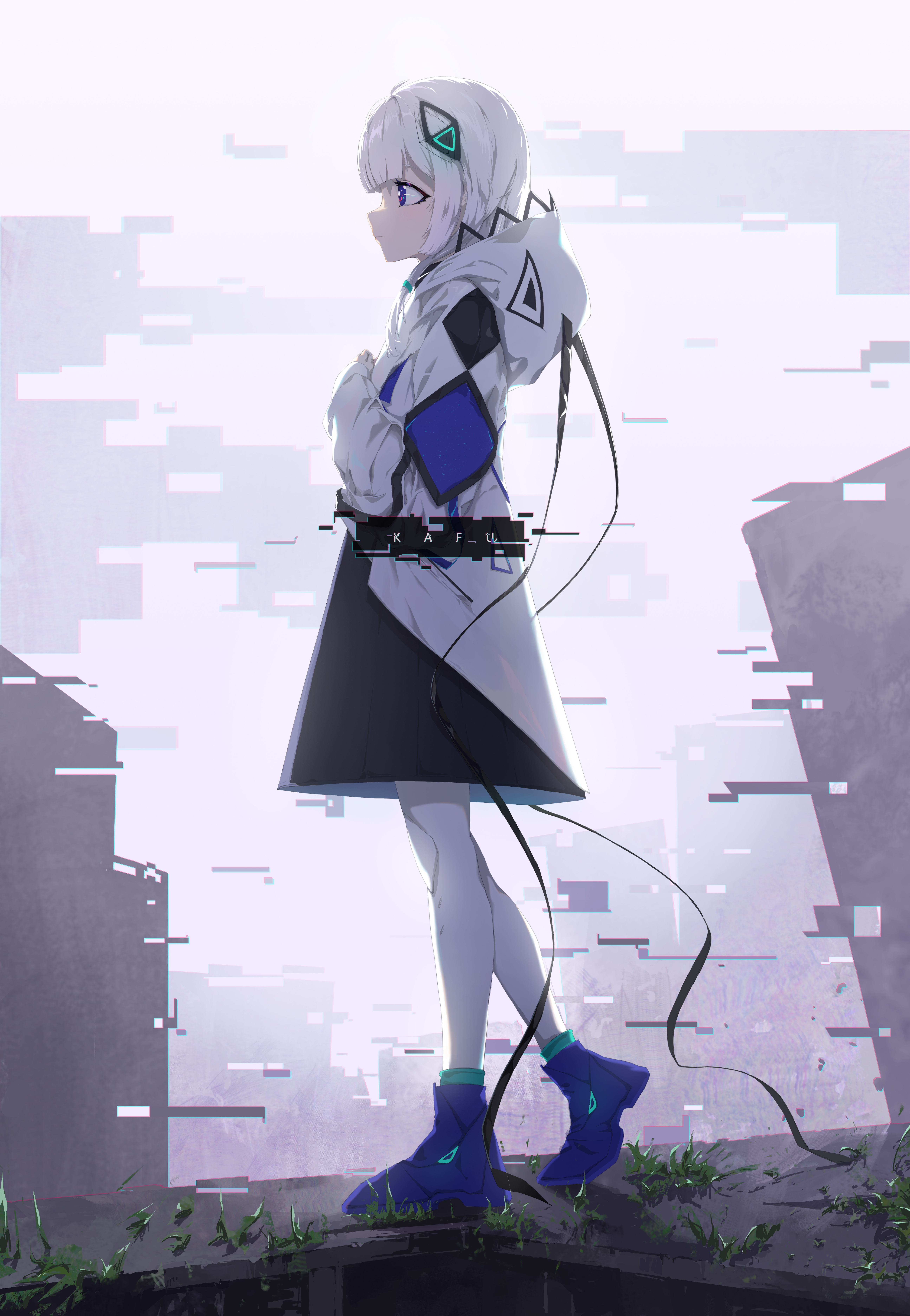 4K artwork of a girl with white hair and blue accents HD Phone Wallpaper