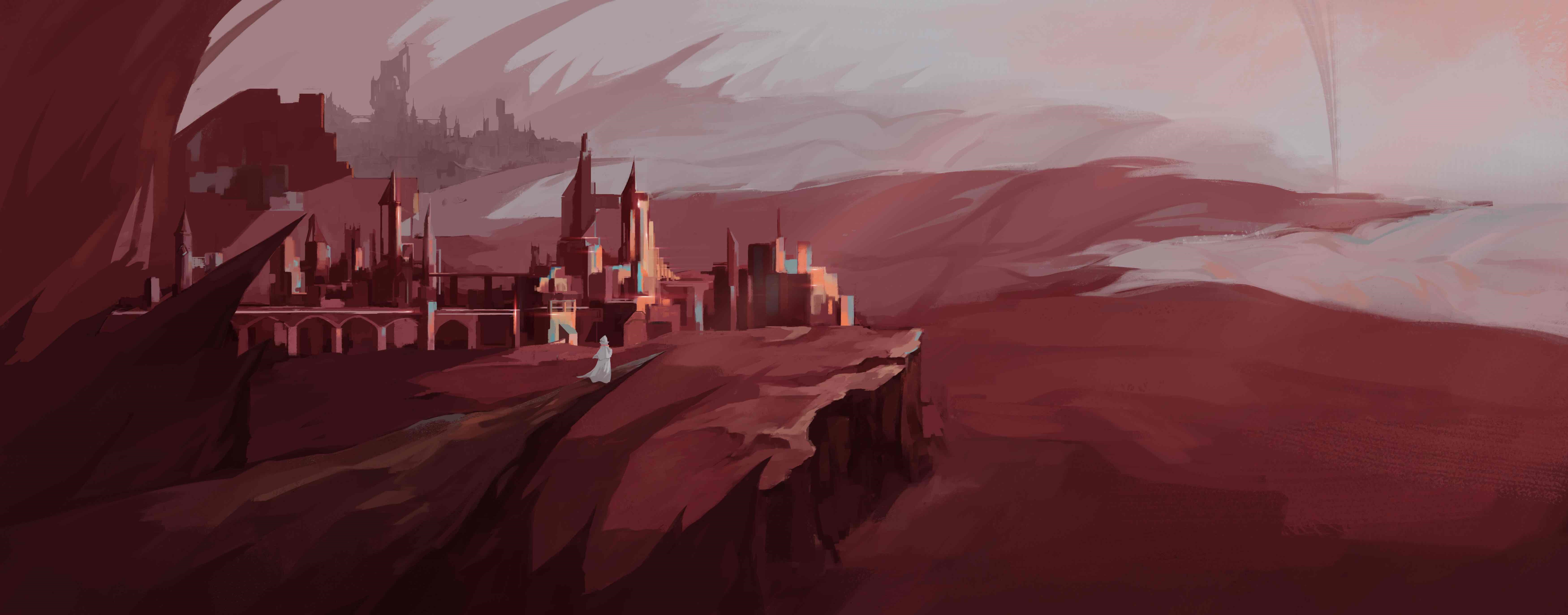 Fantasy cityscape with a lone figure HD Wallpaper