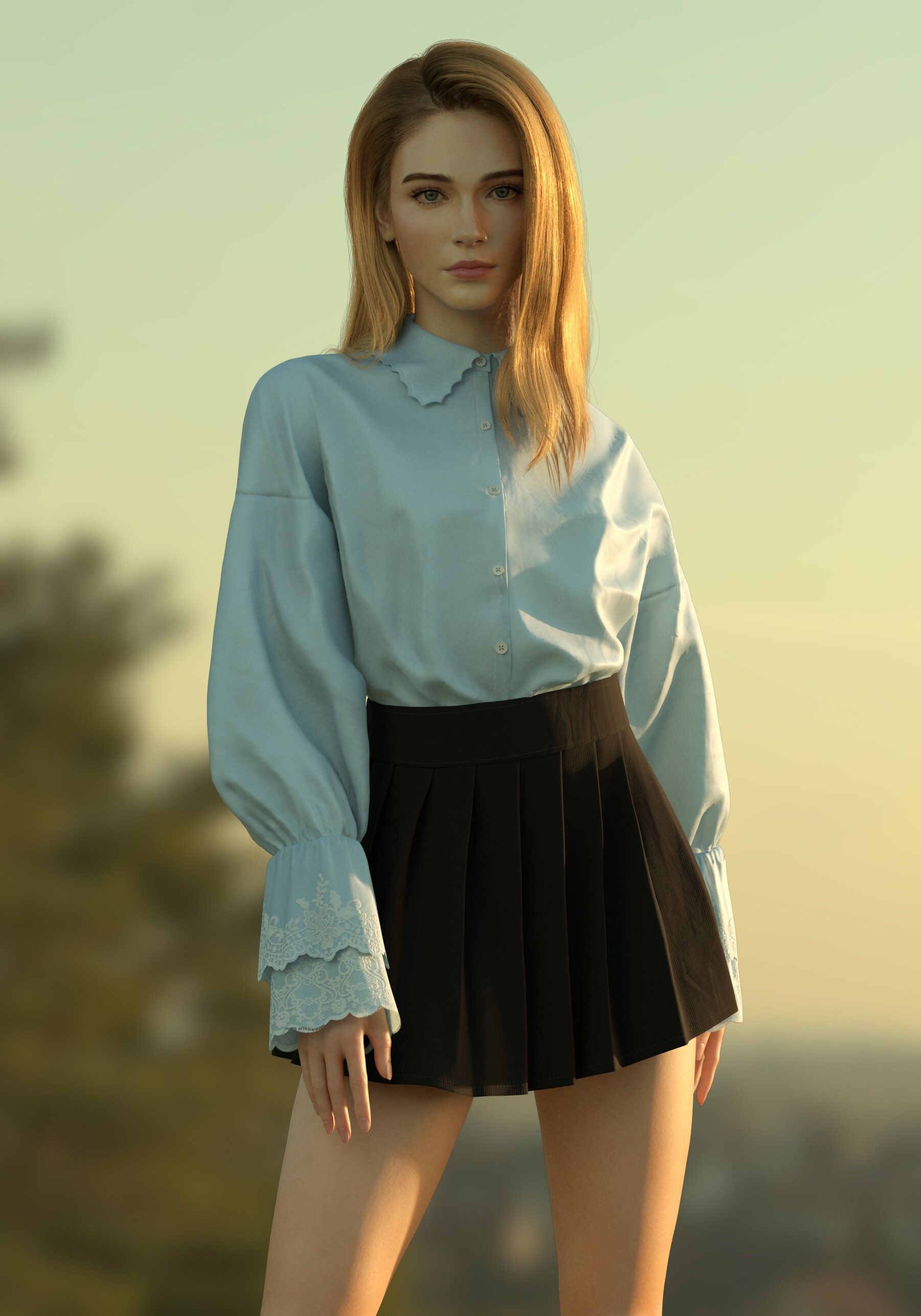 Yue Wang wearing a blue shirt and black pleated skirt HD Phone Wallpaper