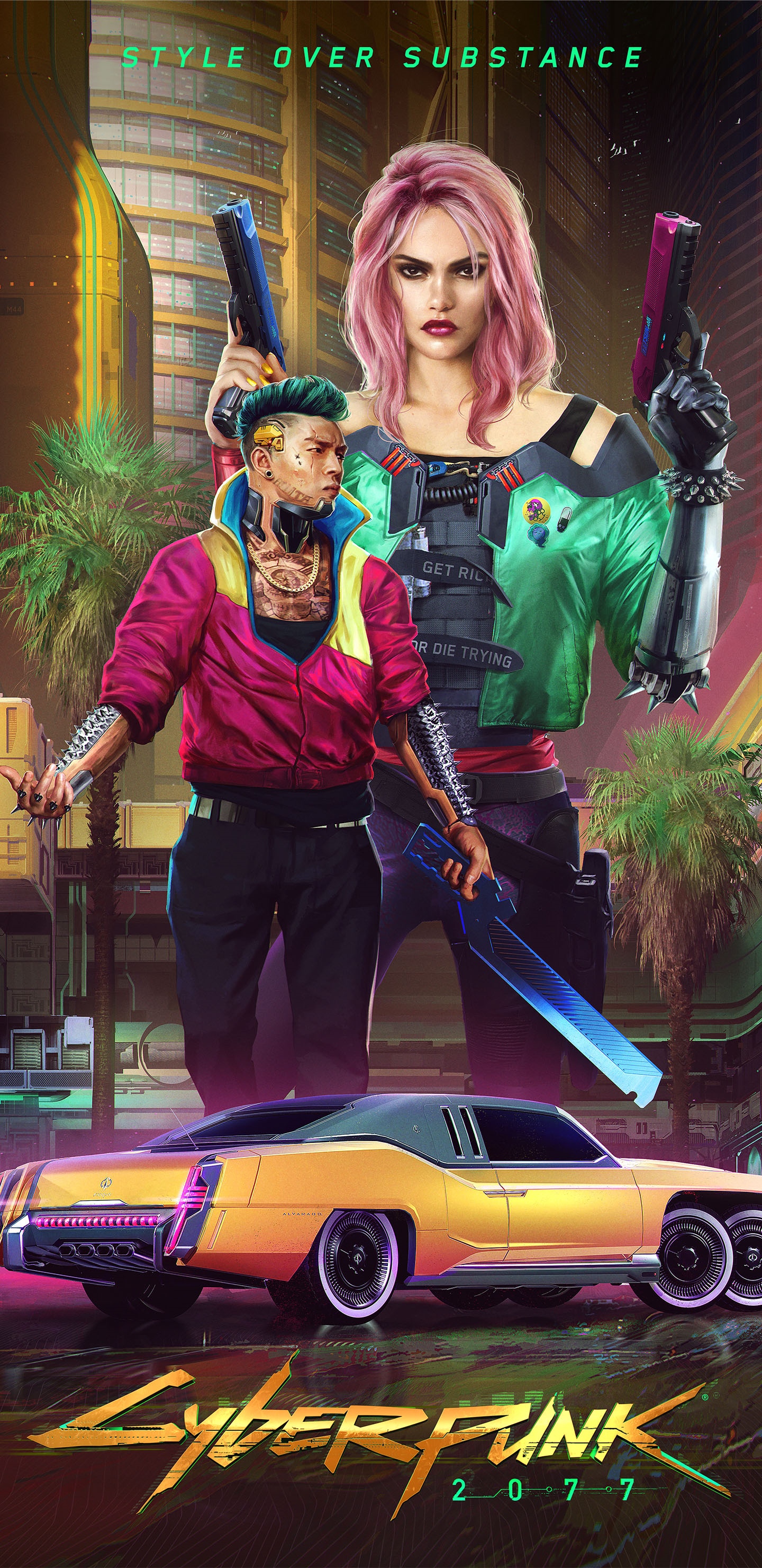Cyberpunk 2077 characters with guns and a car HD Phone Wallpaper