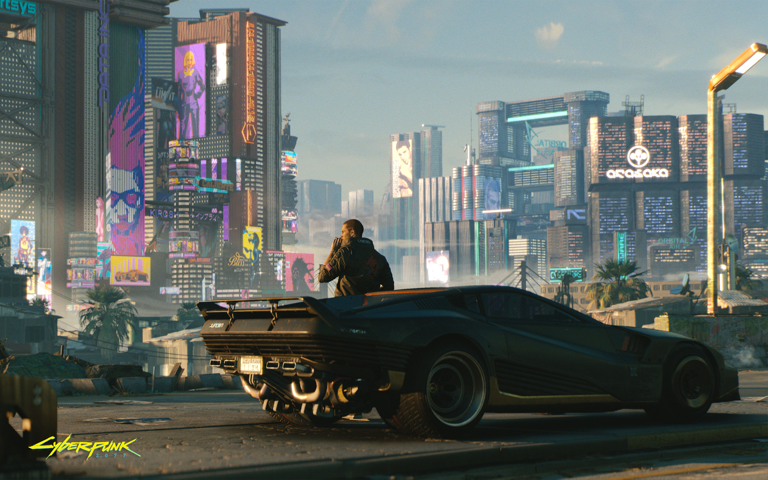 Cyberpunk 2077 futuristic city with car and person HD Wallpaper