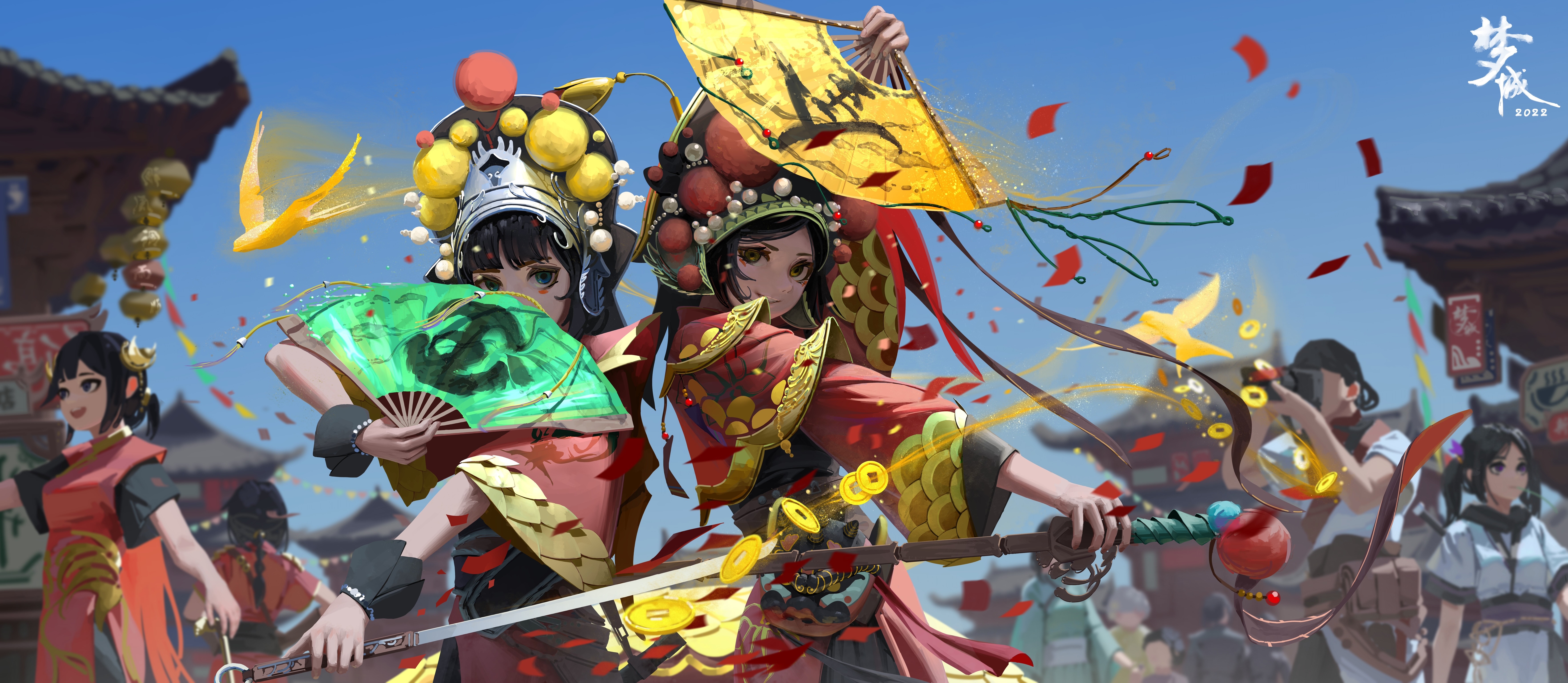 4K Chinese Opera Women with Fans and Swords HD Wallpaper