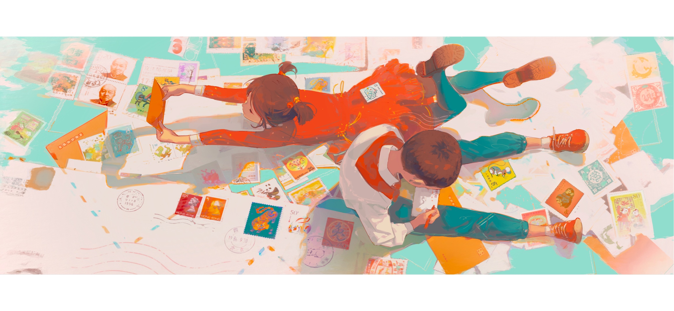 Children surrounded by stamps and envelopes HD Wallpaper