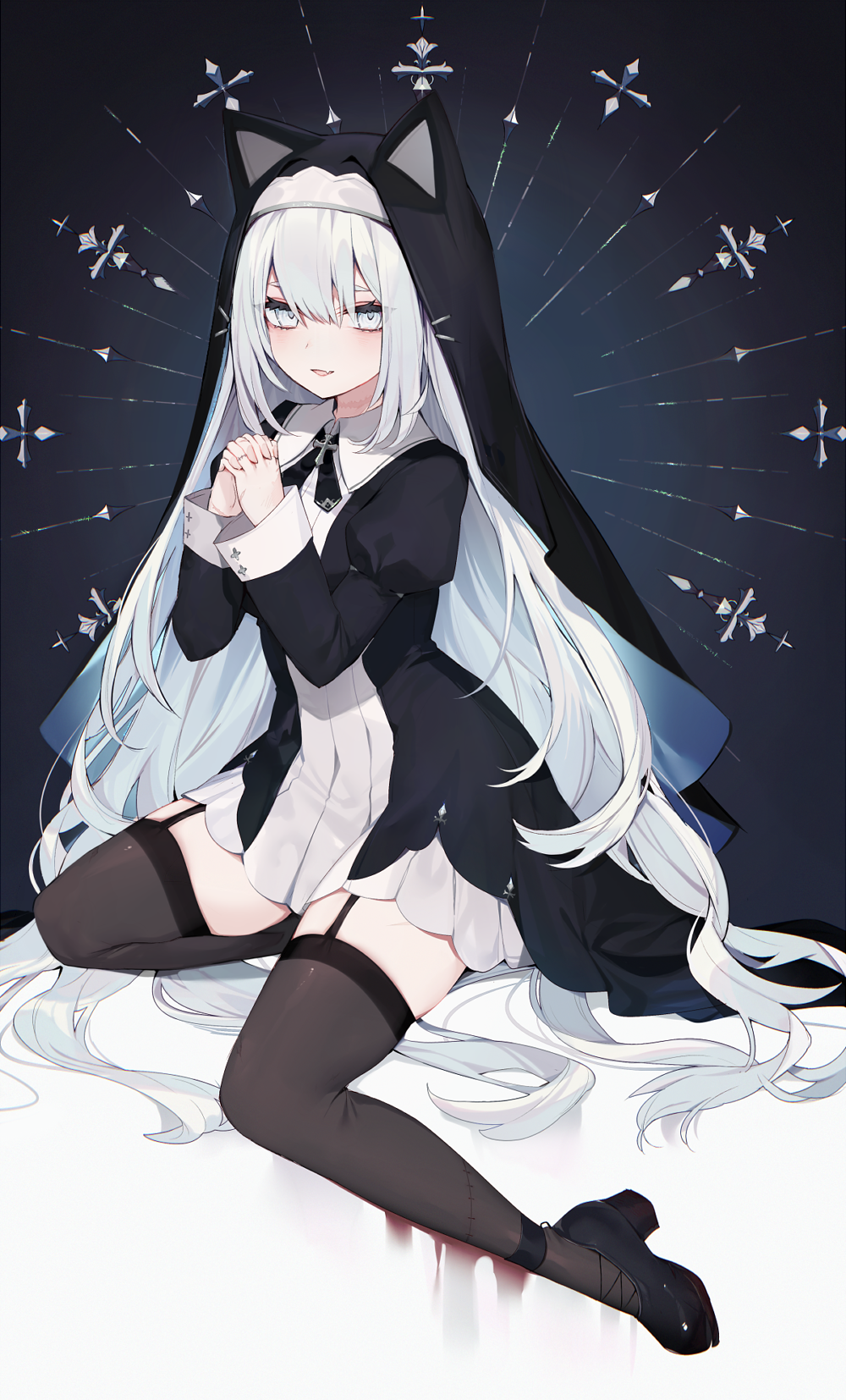 Anime girl with cat ears in a nun outfit HD Phone Wallpaper