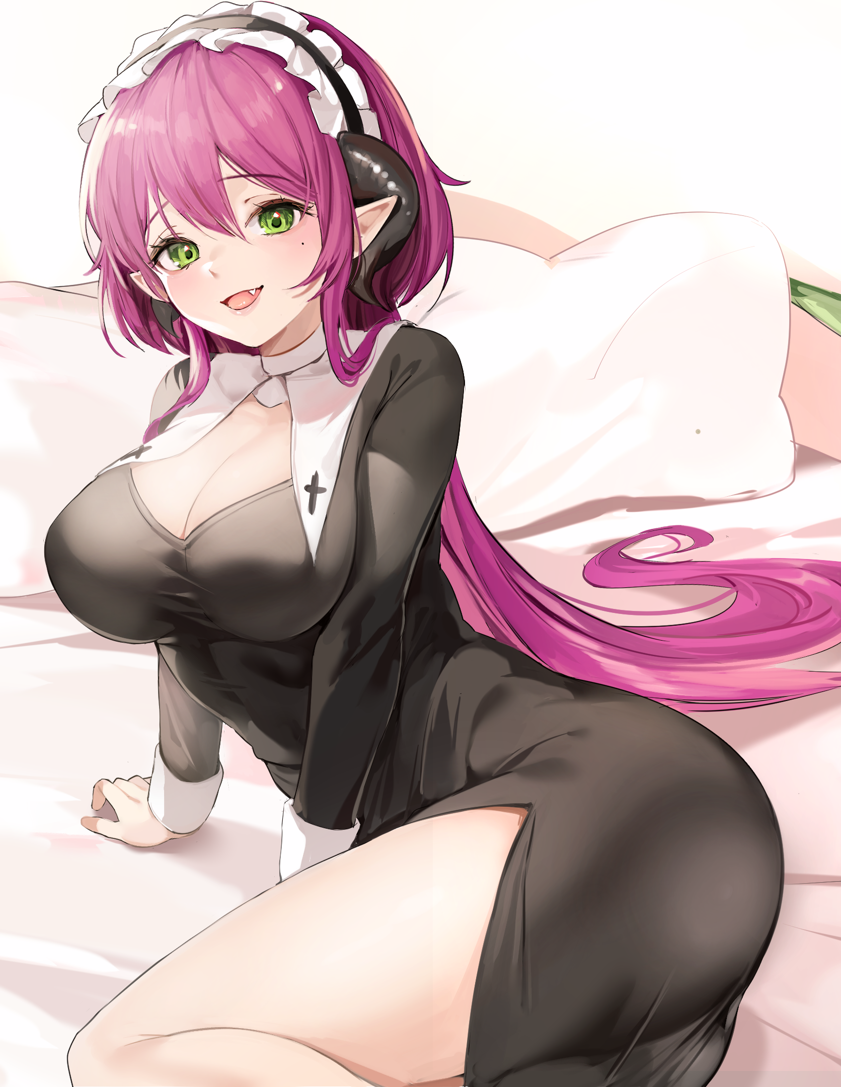 Anime girl in nun outfit with horns HD Phone Wallpaper