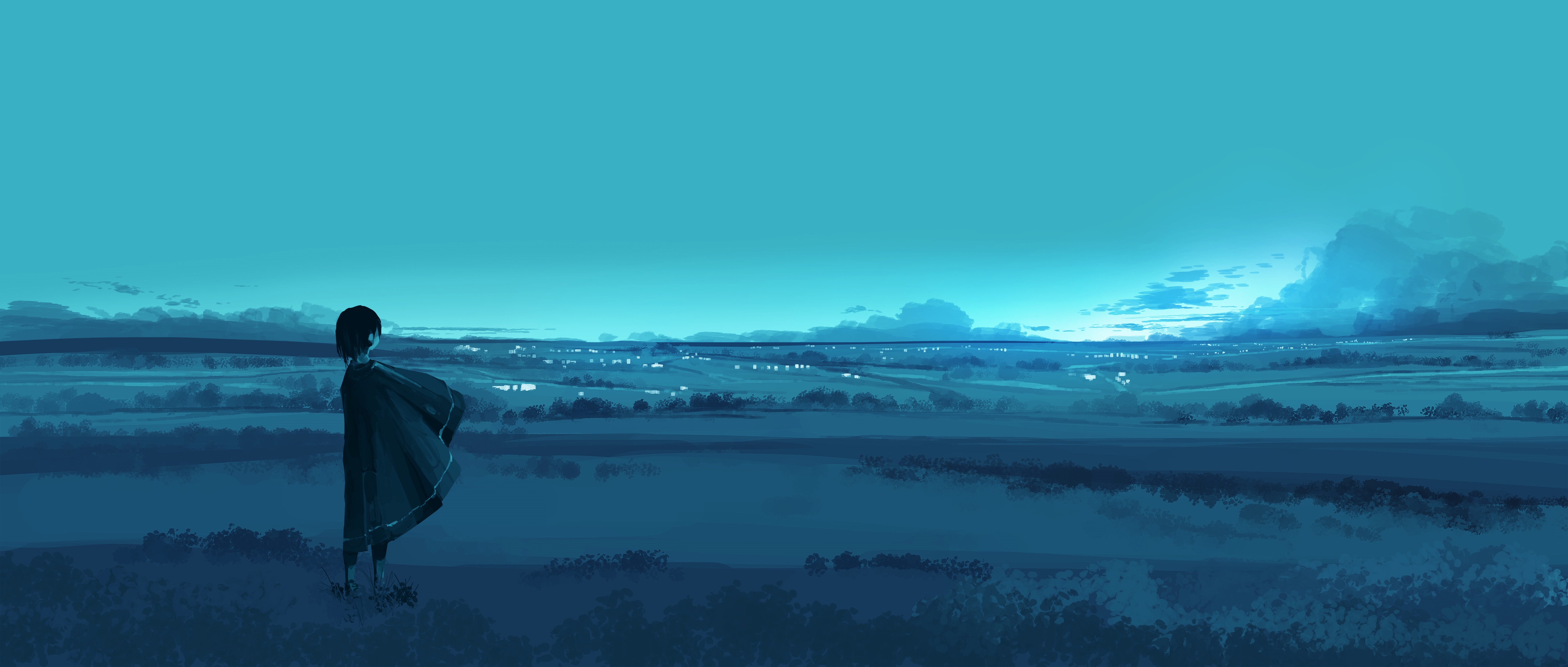 4K illustration of a person looking over a landscape HD Wallpaper