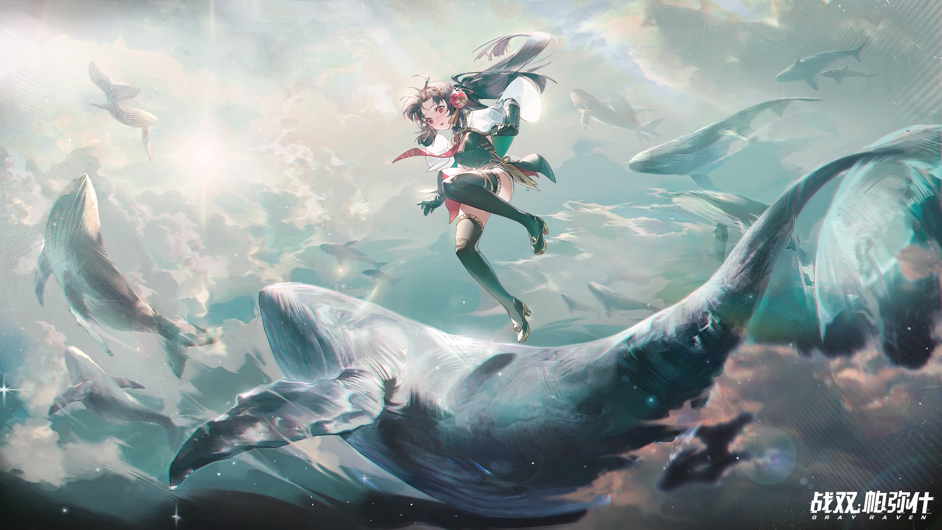 Anime girl and whales in the sky HD Wallpaper