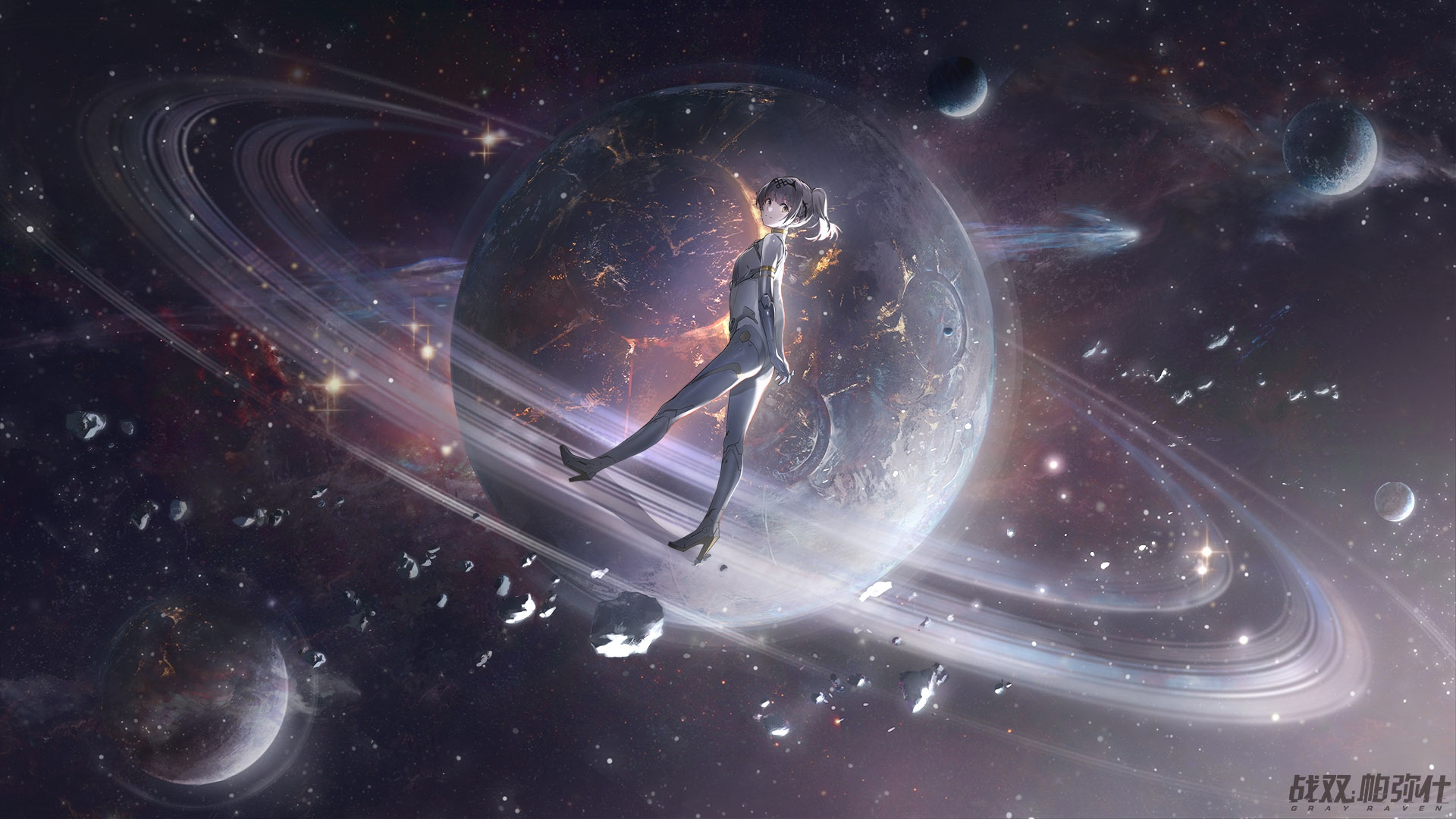 Anime girl in space with planet and rings HD Wallpaper