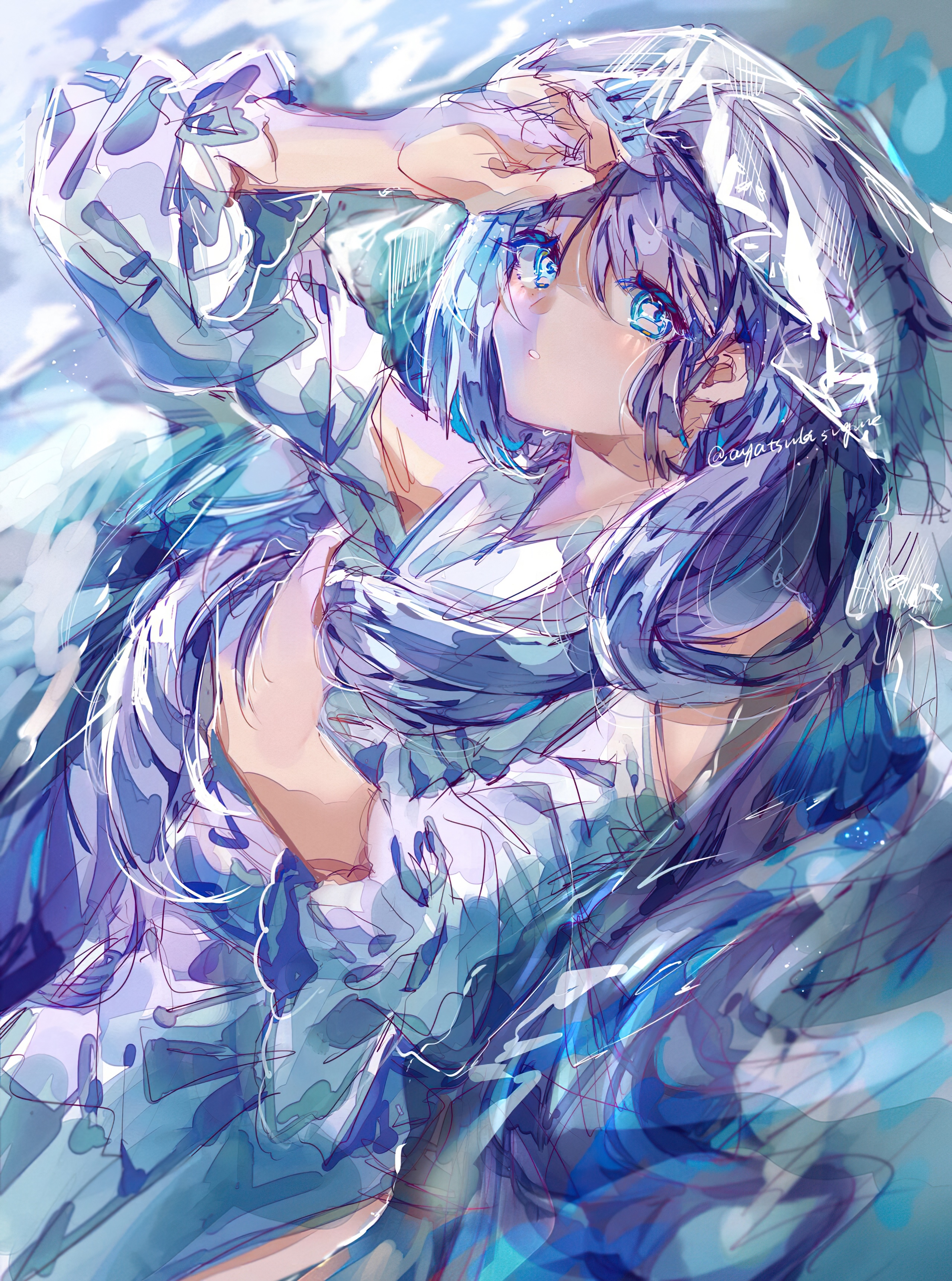 Anime girl with blue eyes and blue hair HD Phone Wallpaper