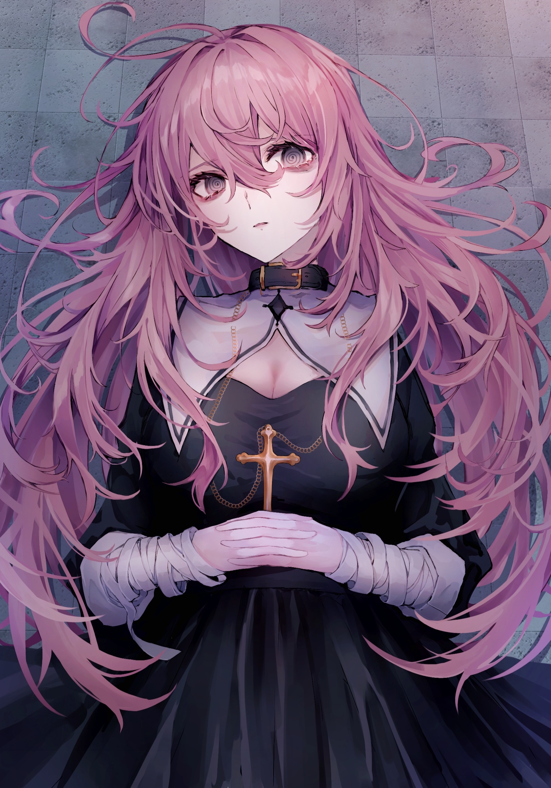 Anime girl with pink hair and nun outfit holding a cross HD Phone Wallpaper