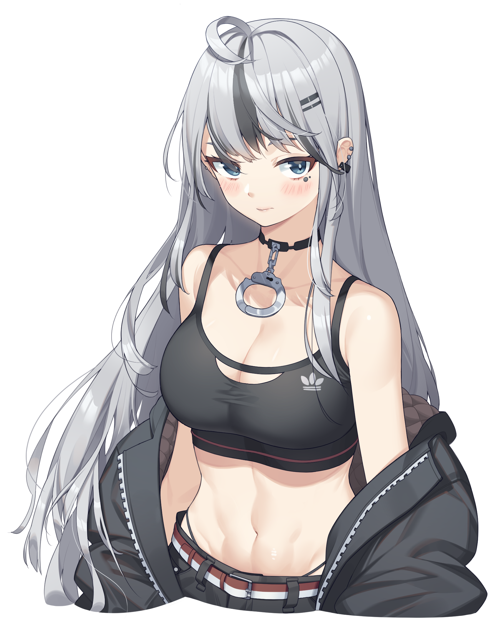 Anime girl with silver hair wearing a sports bra HD Phone Wallpaper