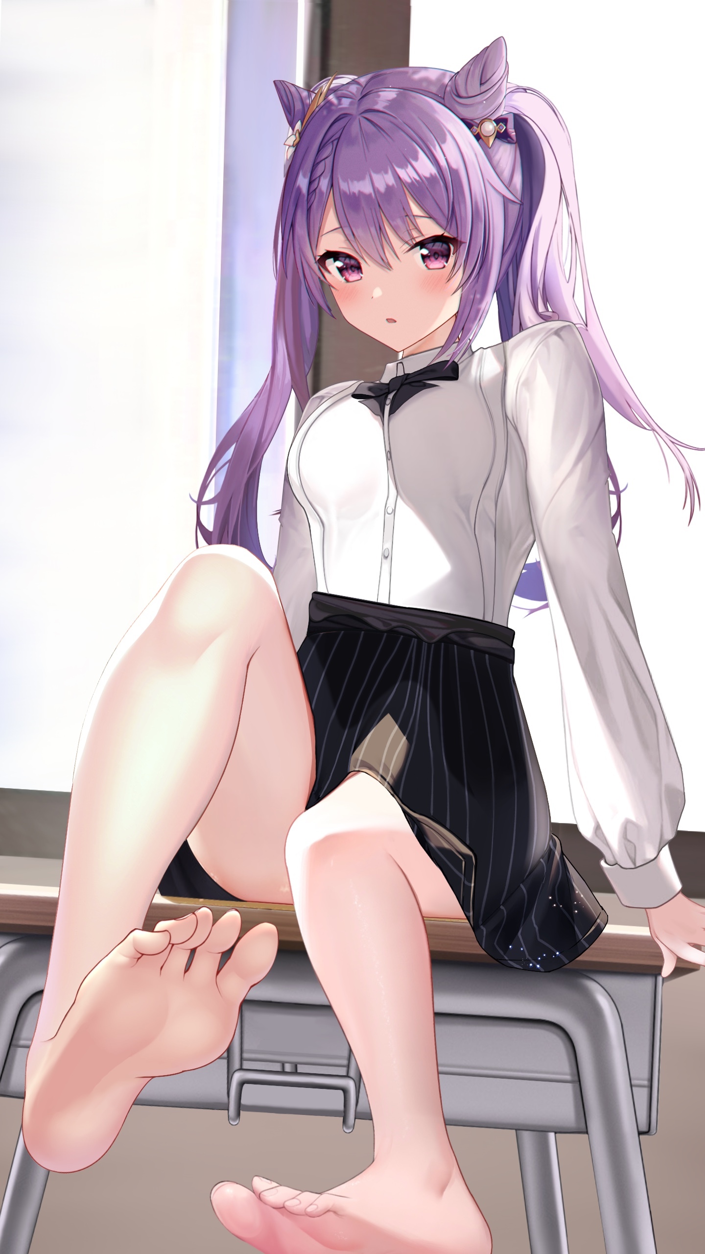 Keqing from Genshin Impact showing her feet HD Phone Wallpaper