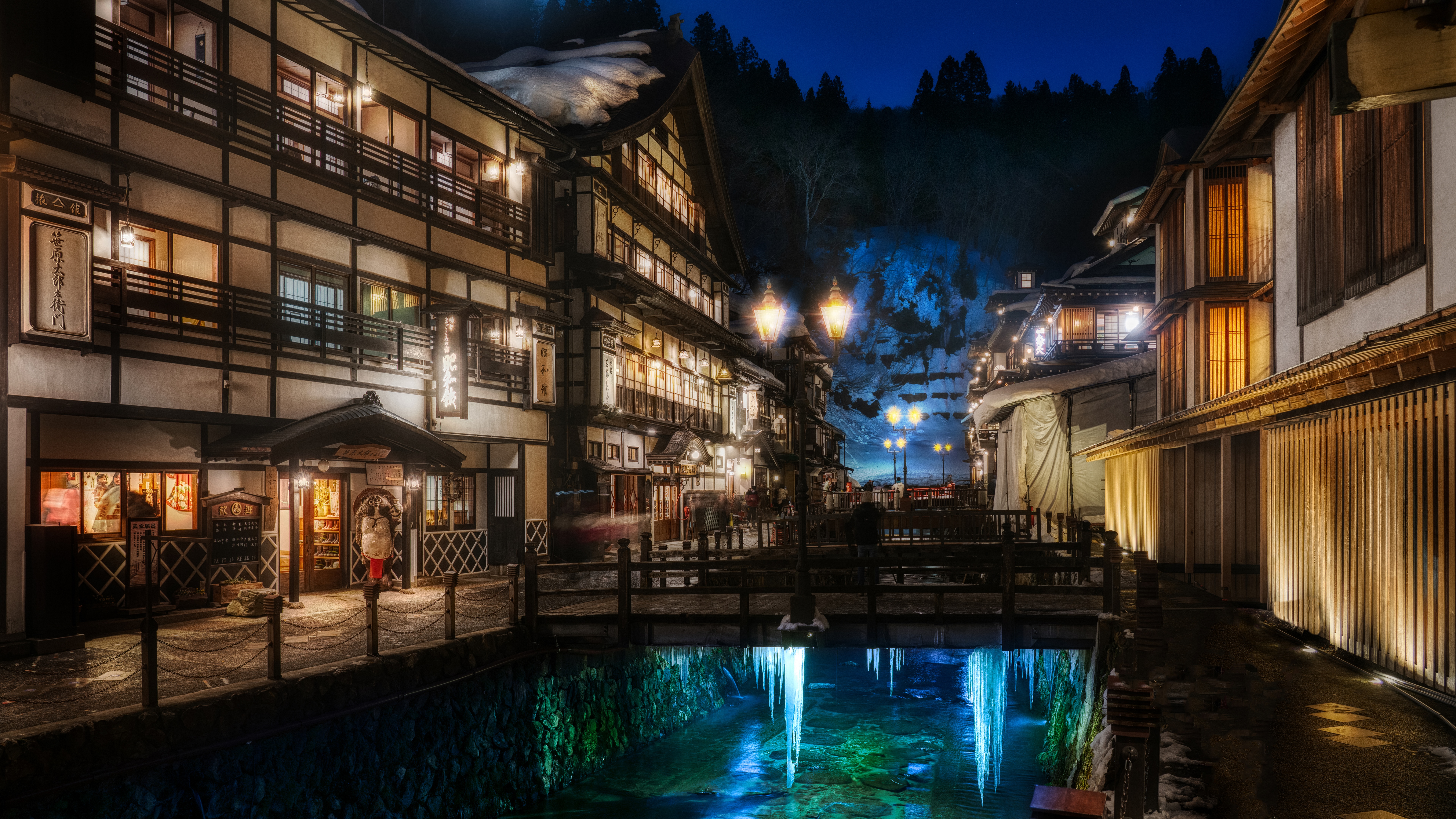 4K Ginzan Onsen at Night with Bridge and Icicles HD Wallpaper