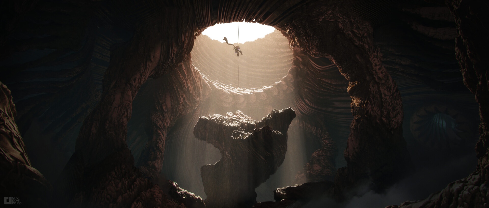 Person rappelling down into a massive cave HD Wallpaper