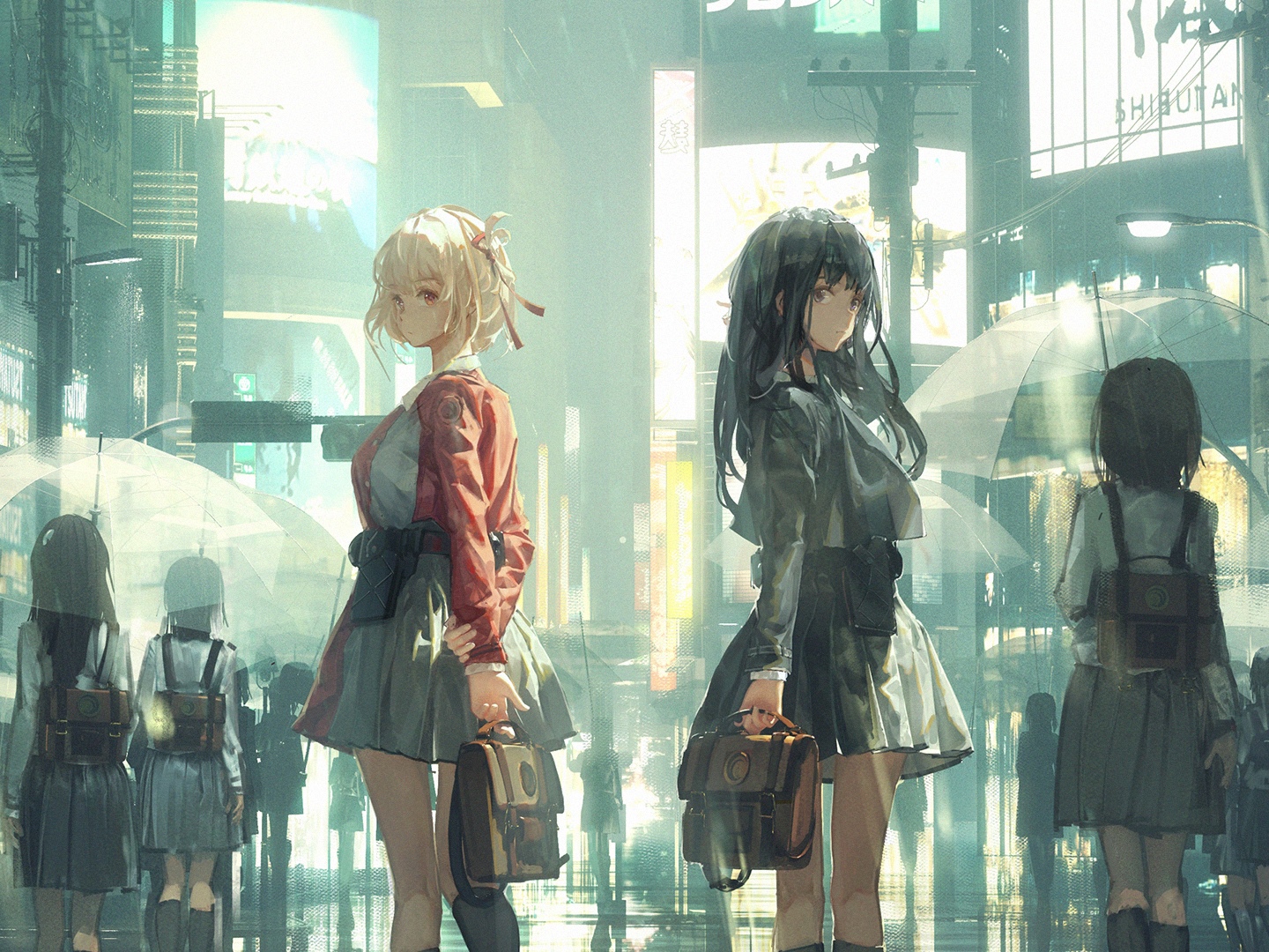 Lycoris Recoil: Nishikigi Chisato and Inoue Takina in the rain HD Wallpaper