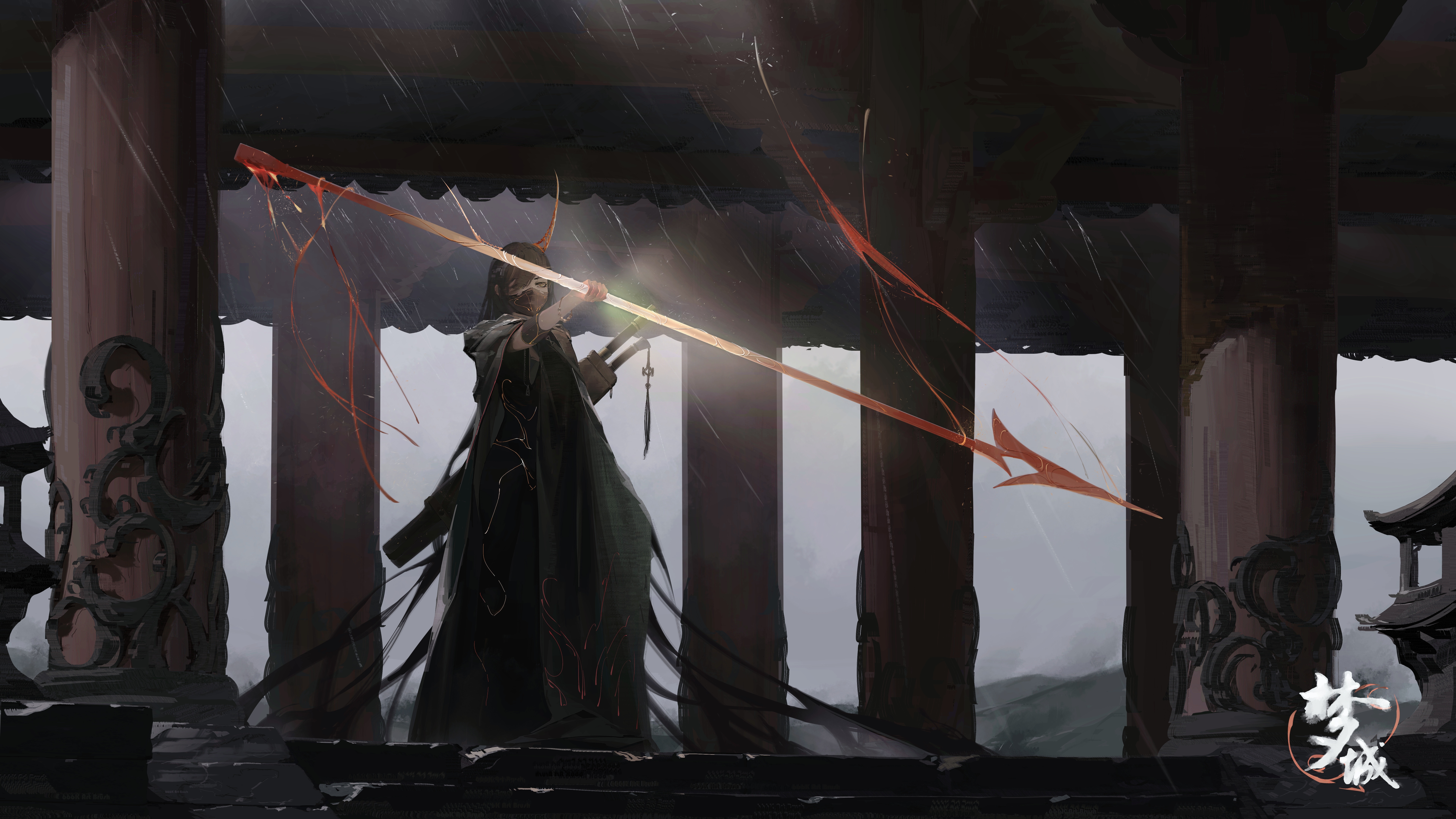 Fantasy girl with a spear in a temple HD Wallpaper