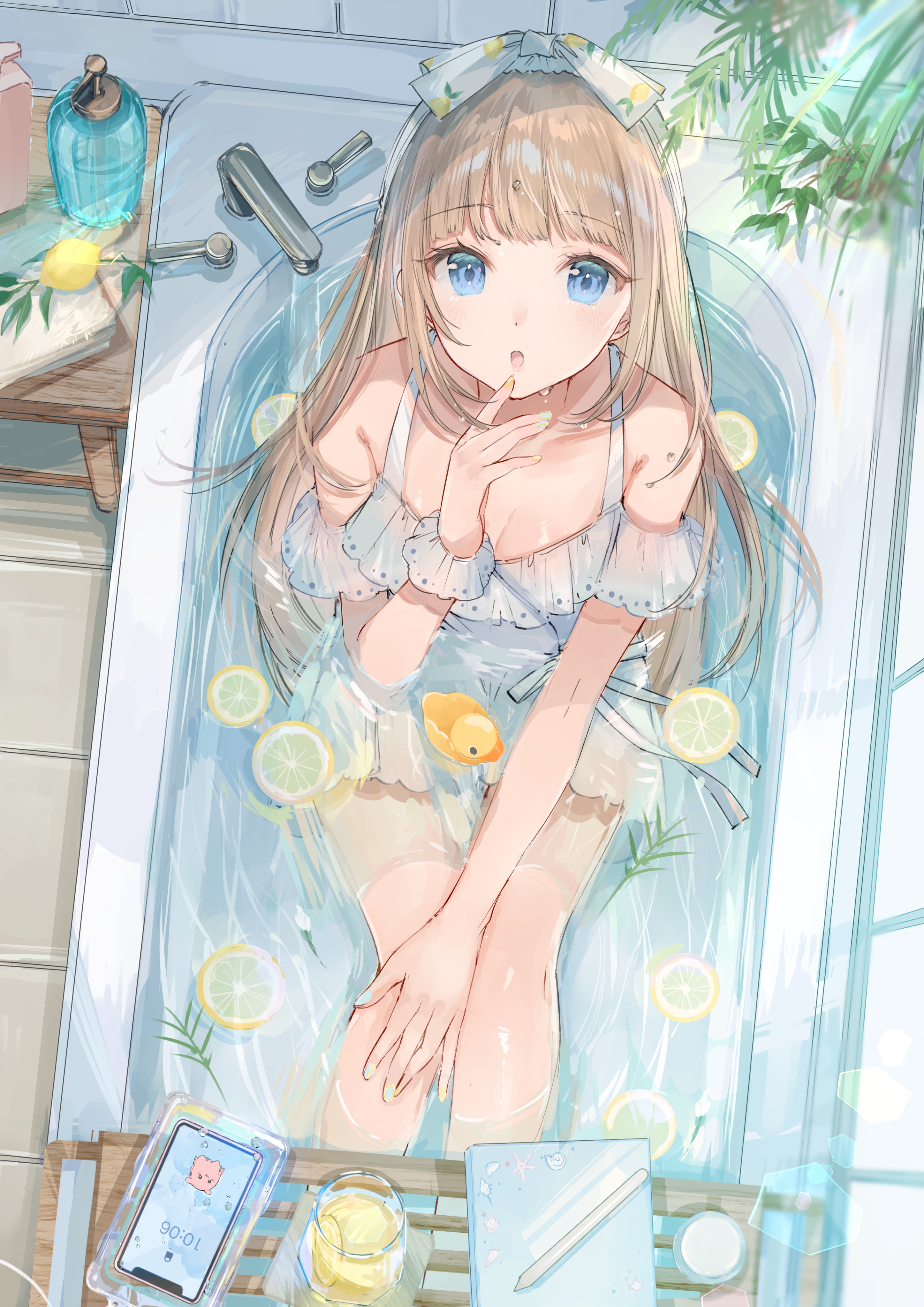 Anime girl in a bathtub with lemons HD Phone Wallpaper