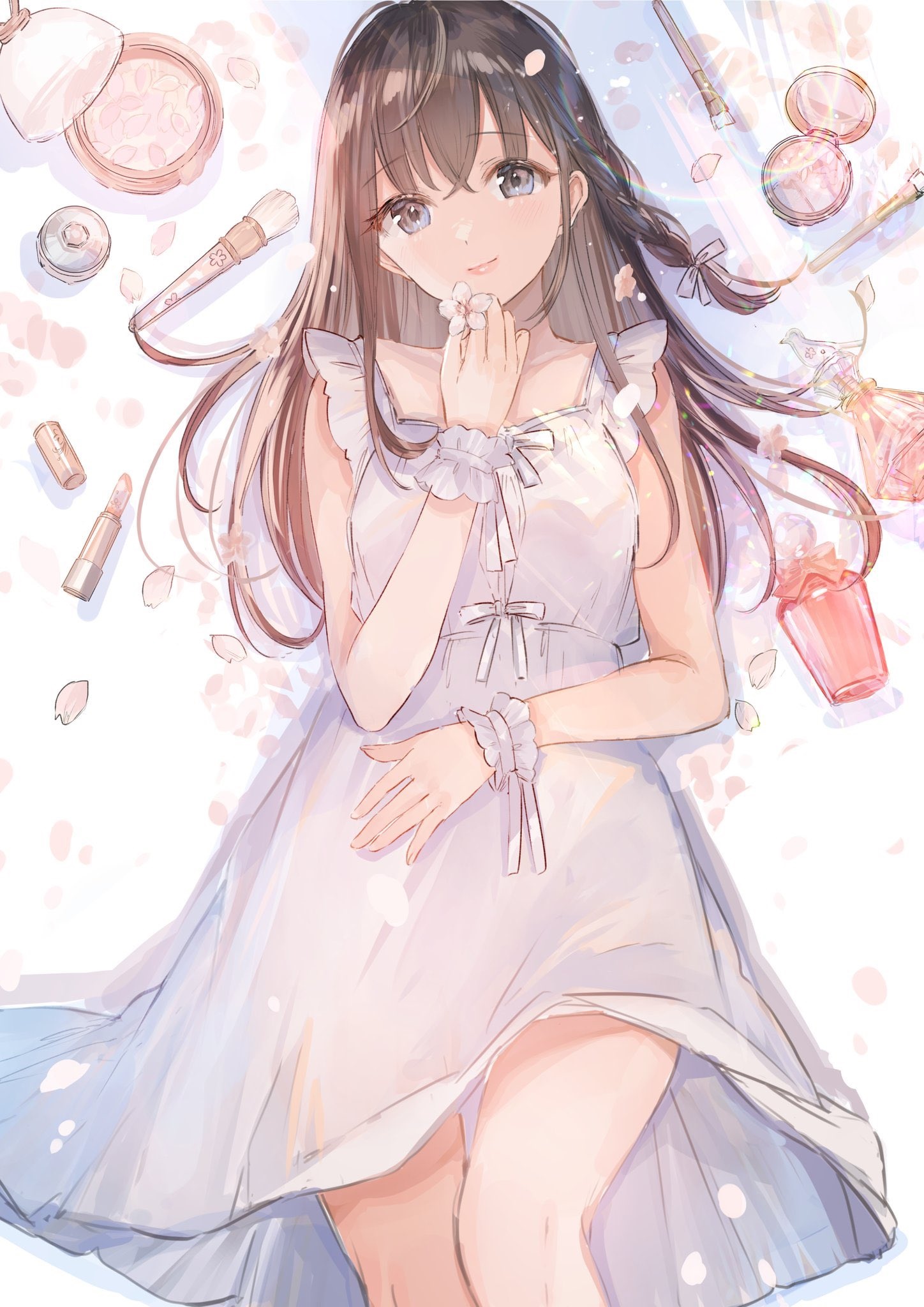 Anime girl in white dress with makeup and flowers HD Phone Wallpaper