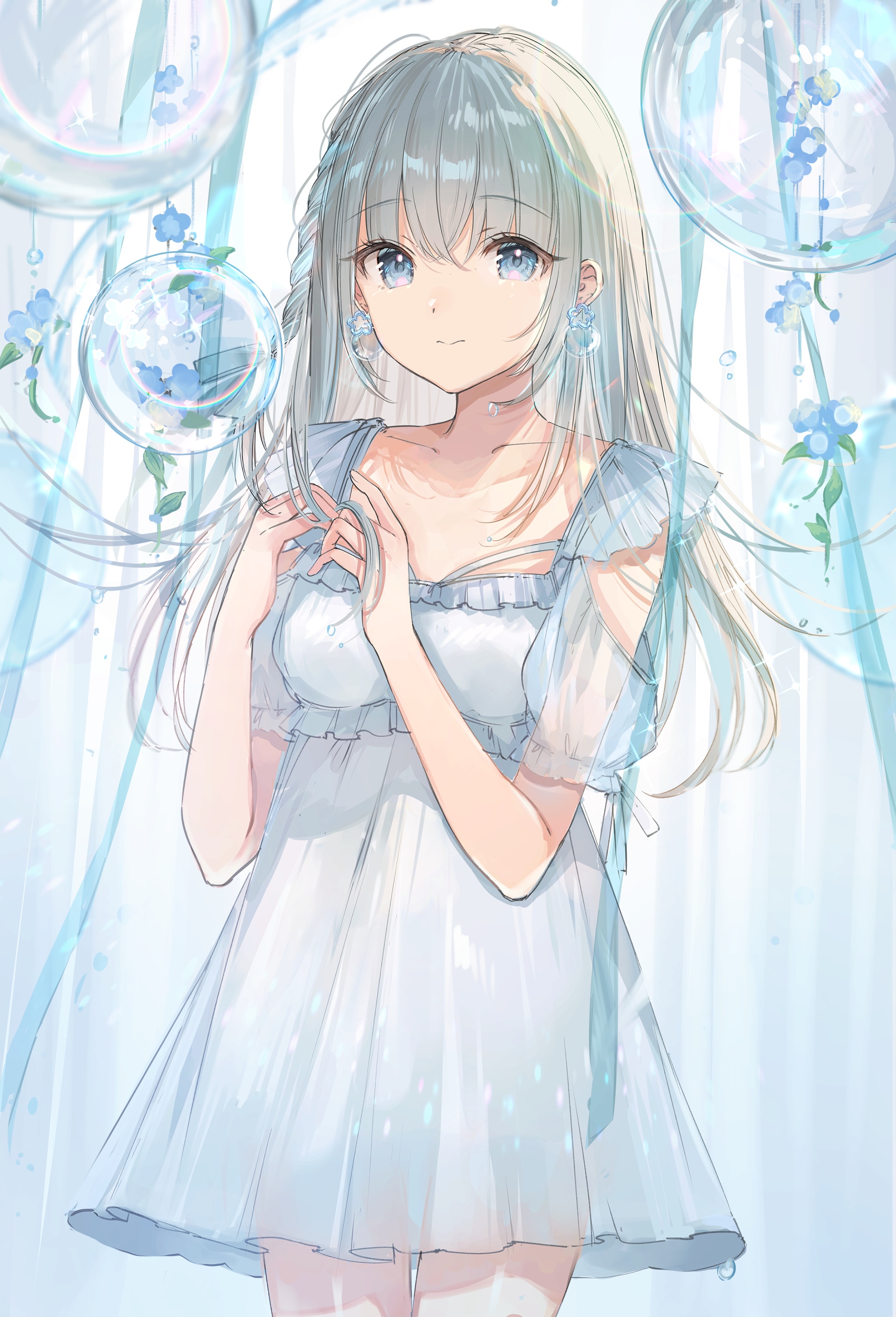 Anime girl in a white dress with bubbles HD Phone Wallpaper
