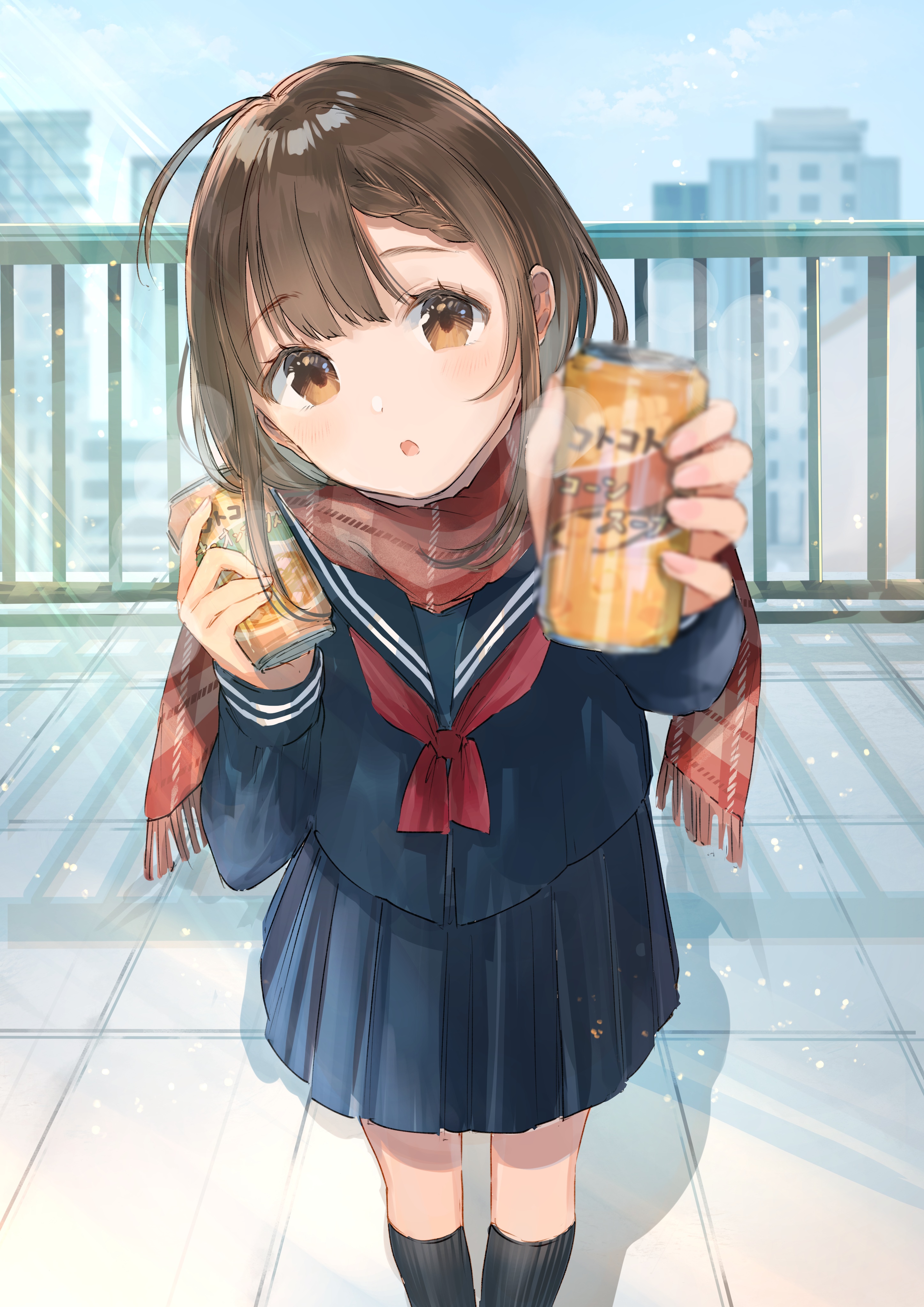 Anime girl in school uniform holding drinks HD Phone Wallpaper