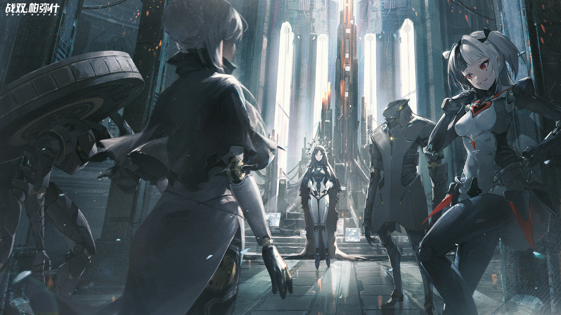 Punishing: Gray Raven characters in a futuristic hall HD Wallpaper