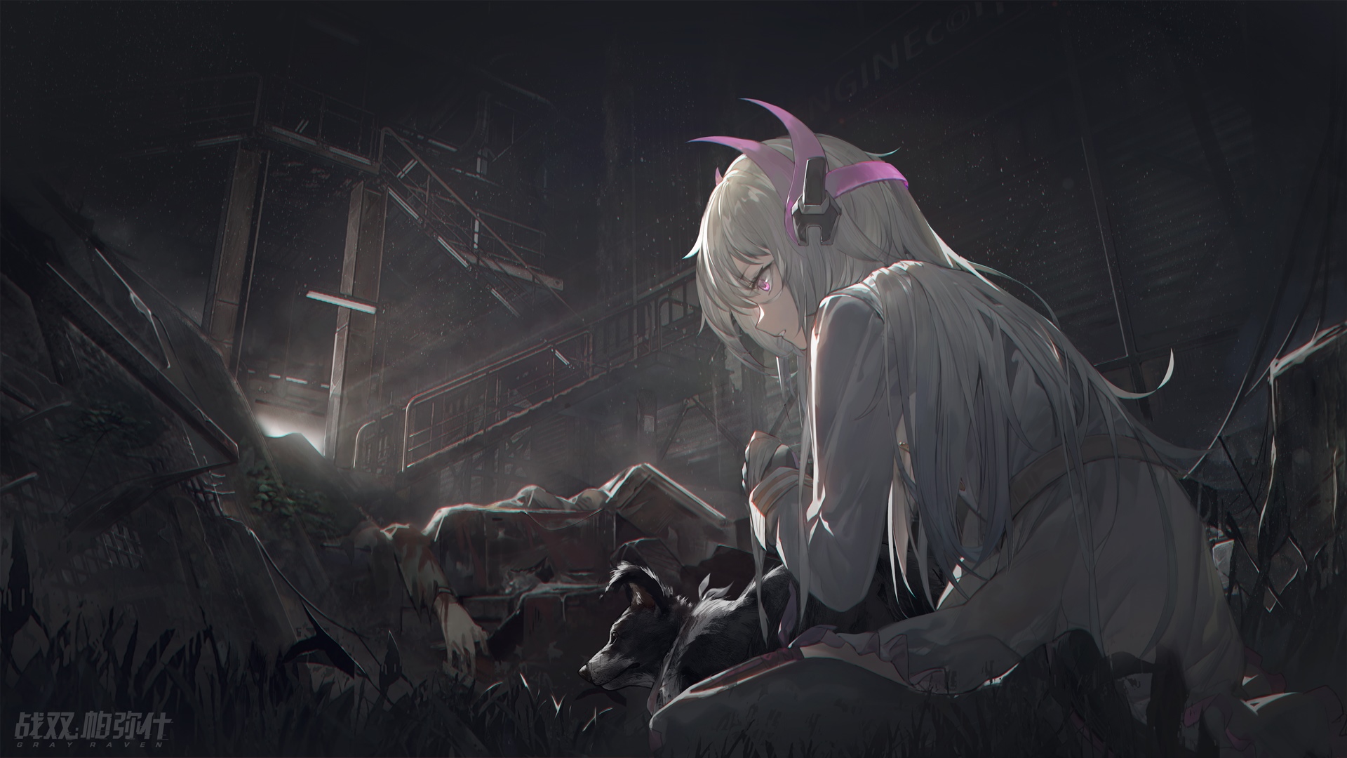 Punishing: Gray Raven girl with dog in ruins HD Wallpaper