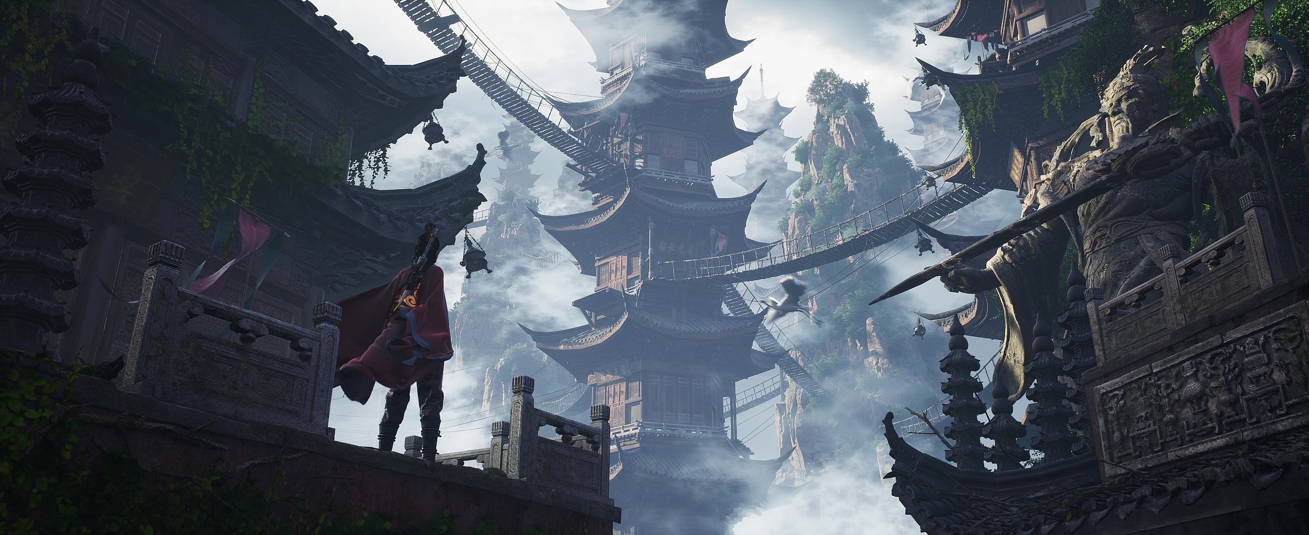 Fantasy Asian architecture with a warrior HD Wallpaper