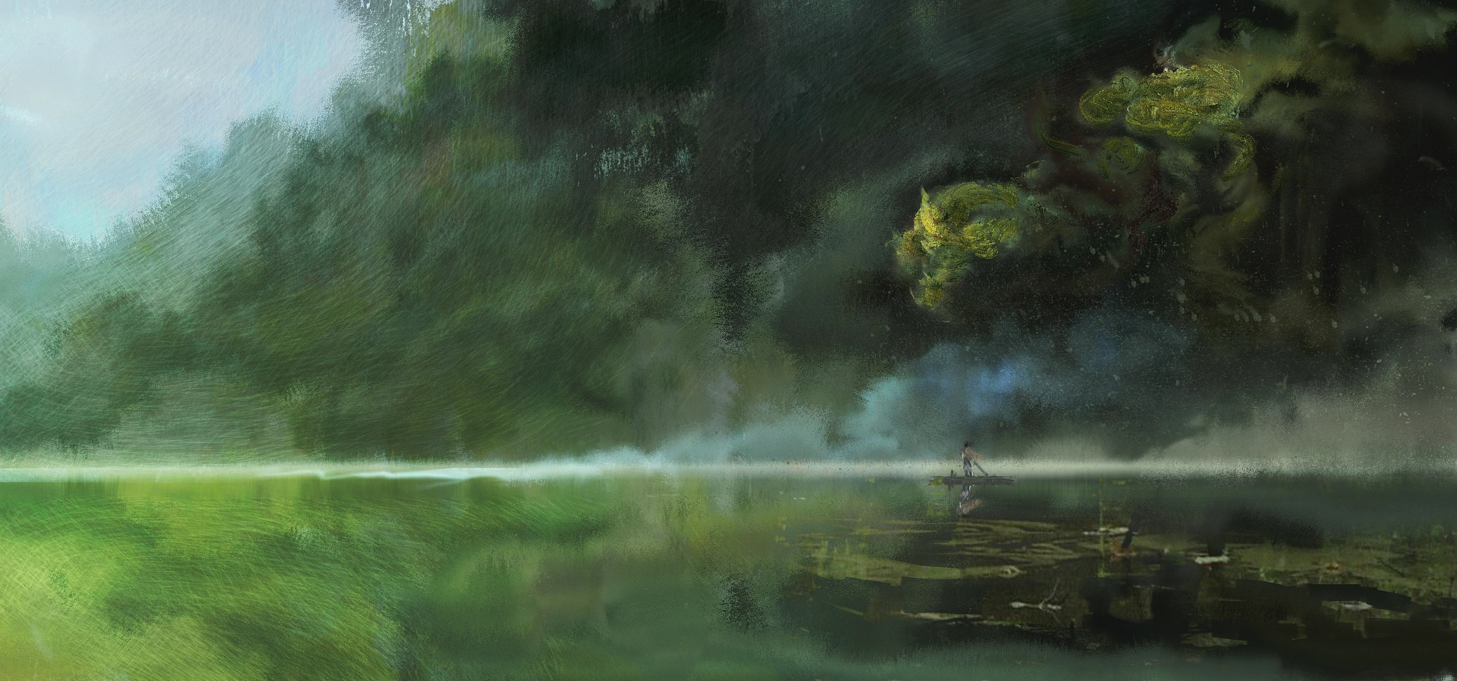 A person in a boat on a misty lake HD Wallpaper